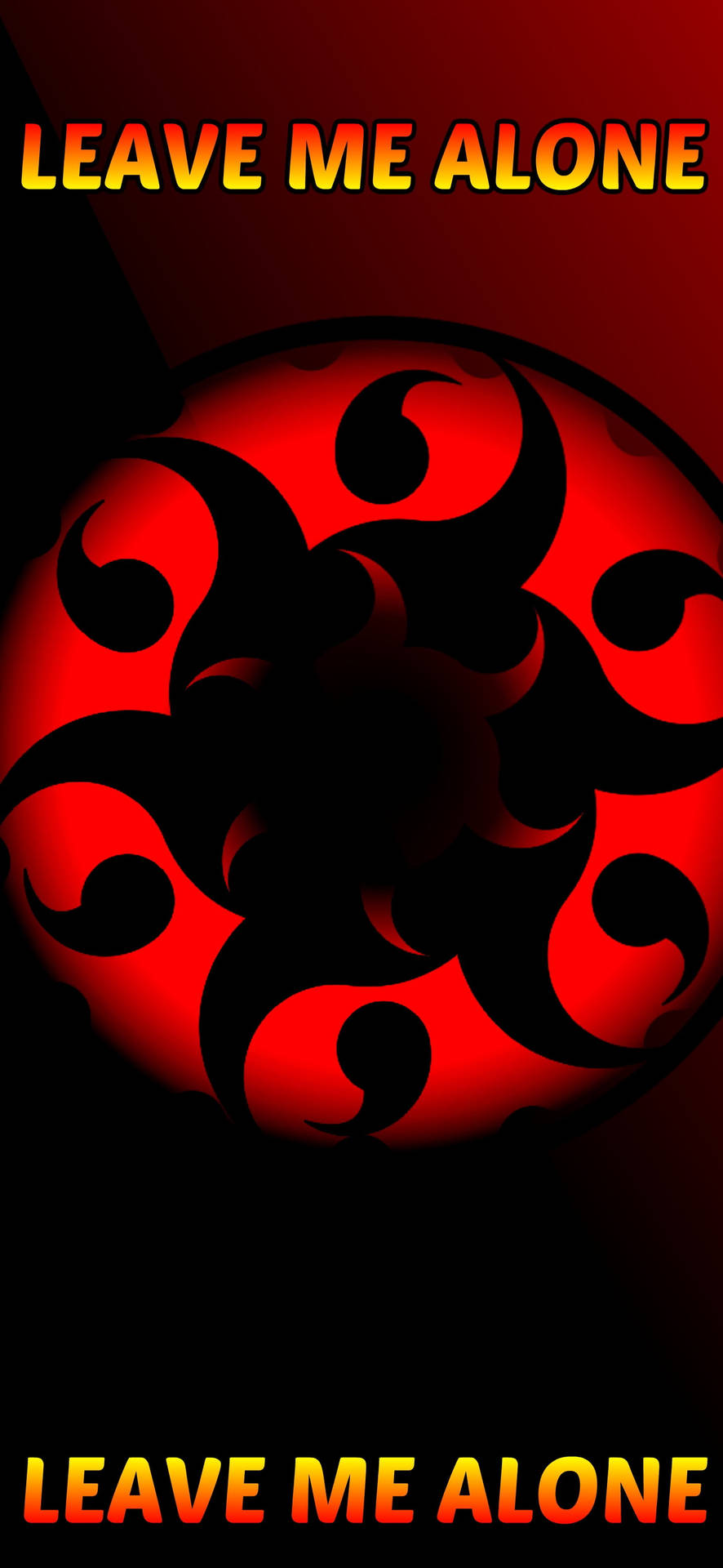 發光的紅色抽象符號，帶有漩渦圖案和粗體文字，寫著 leave me alone。 — 寫輪眼 壁紙