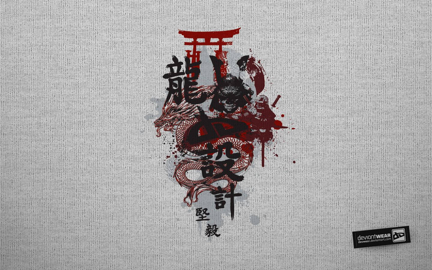 日本武士 桌布 壁紙 — 一個大膽的紅黑日本龍紋身設計，帶有漢字和鳥居，濺在紋理灰色布料上。