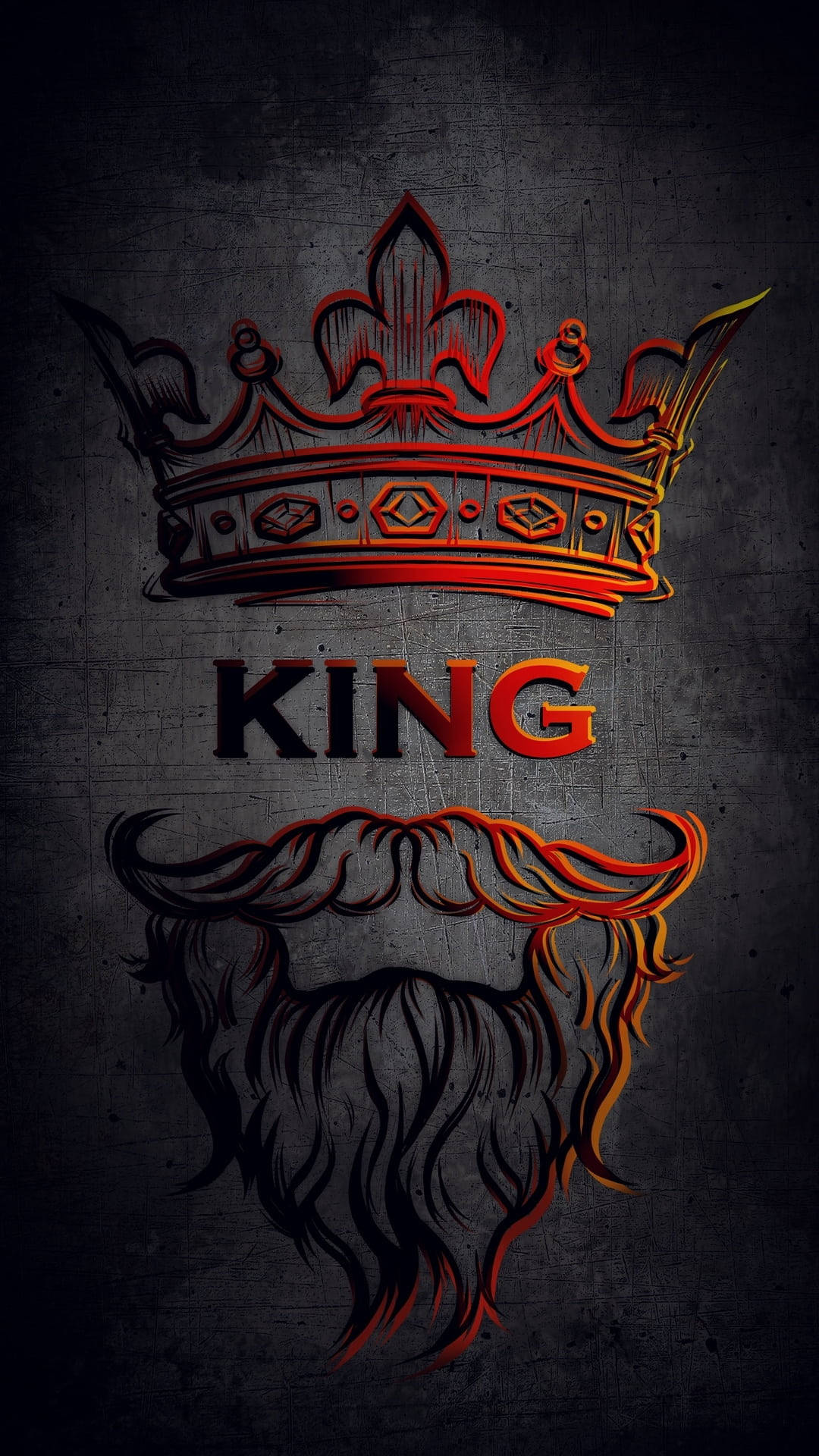 king iPhone 桌布 壁紙 — 一個大膽的紅黑王冠和鬍鬚圖案，上面有KING字樣，背景為紋理深灰色。