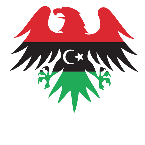 Libya 桌布 壁紙 — 一個大膽的紅黑綠色鷹剪影，胸前有新月和星星標誌，背景為黑色。