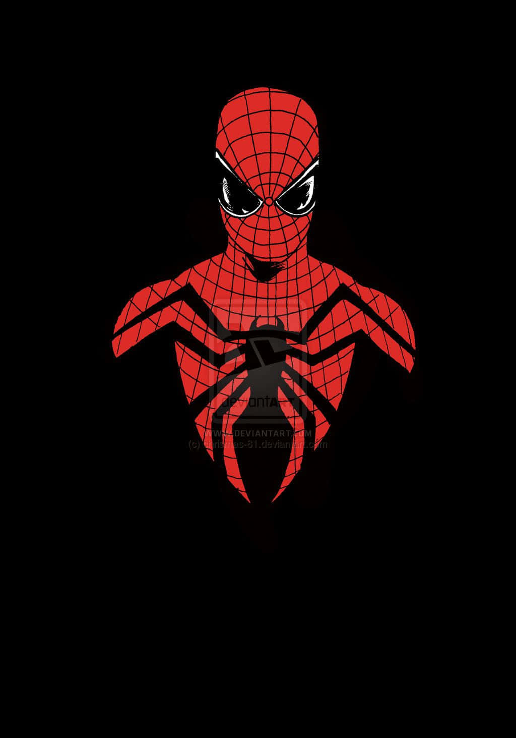 Spider Man Logo 桌布 壁紙 — 一個大膽的紅黑色蜘蛛人剪影，在純黑色背景上居中，帶有發光的白色眼睛。