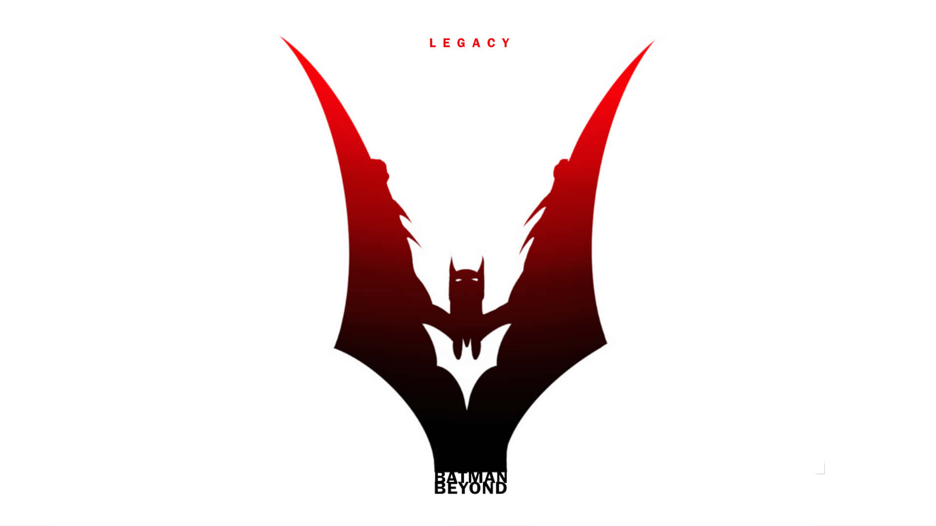 未來蝙蝠俠 桌布 壁紙 — 一個大膽的紅黑蝙蝠符號，帶有 'LEGACY' 和 'BATMAN BEYOND' 文字，背景為純白色。