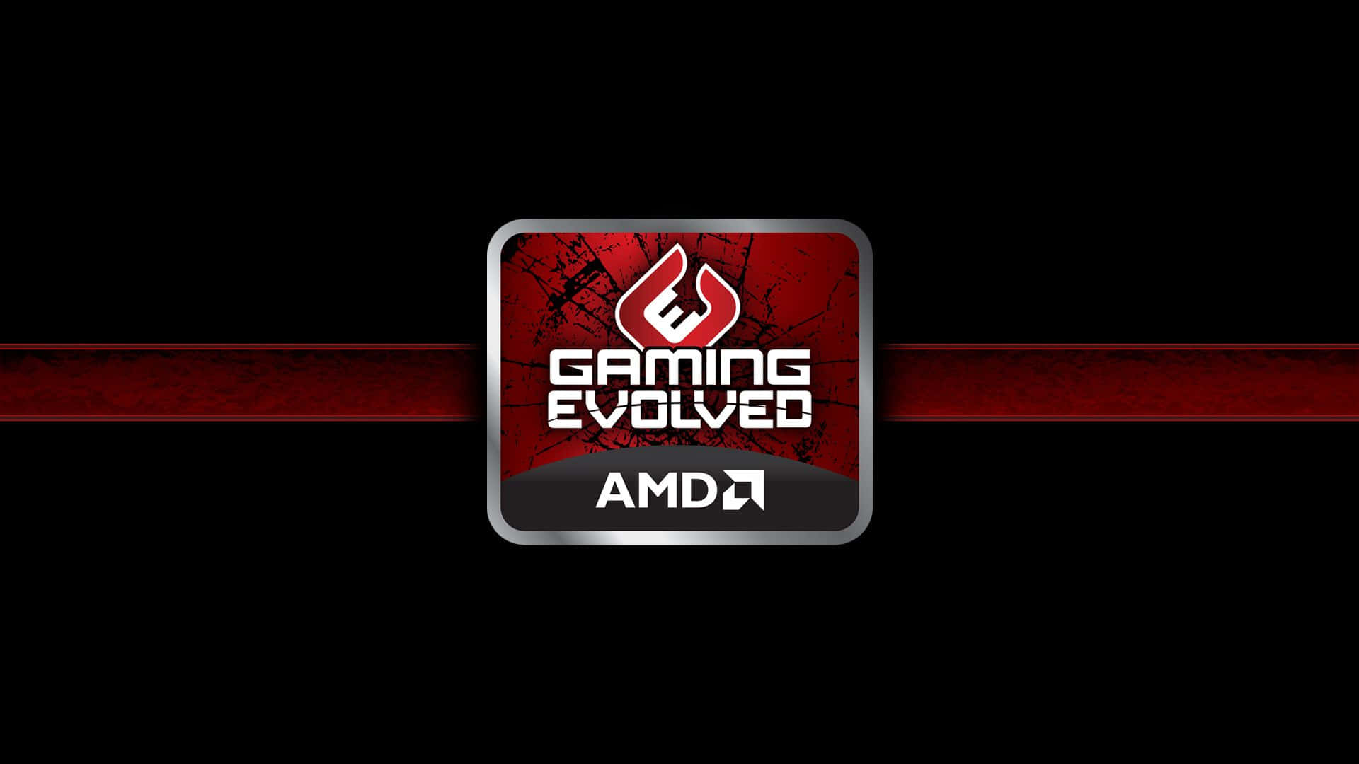 AMD 桌布 壁紙 — 一個大膽的紅黑遊戲標誌，中央有「Gaming Evolved」和AMD品牌，背景為深色並帶有紅色條紋。