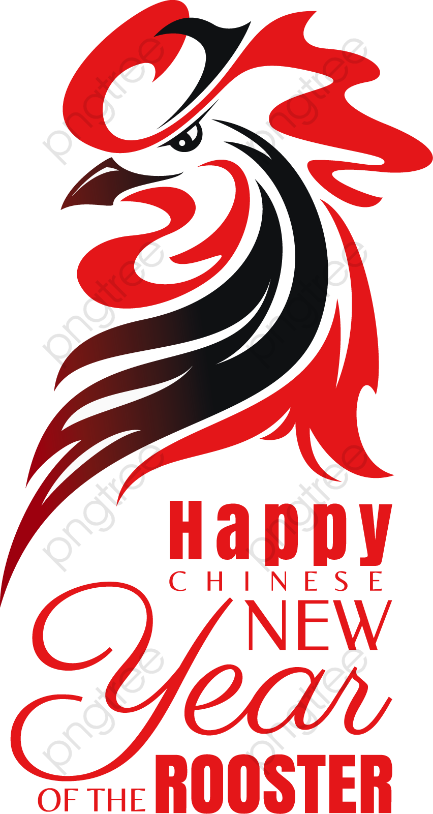 rooster 桌布 壁紙 — 一個大膽的紅黑風格化公雞圖形，帶有「Happy Chinese New Year of the Rooster」文字，背景為黑色。