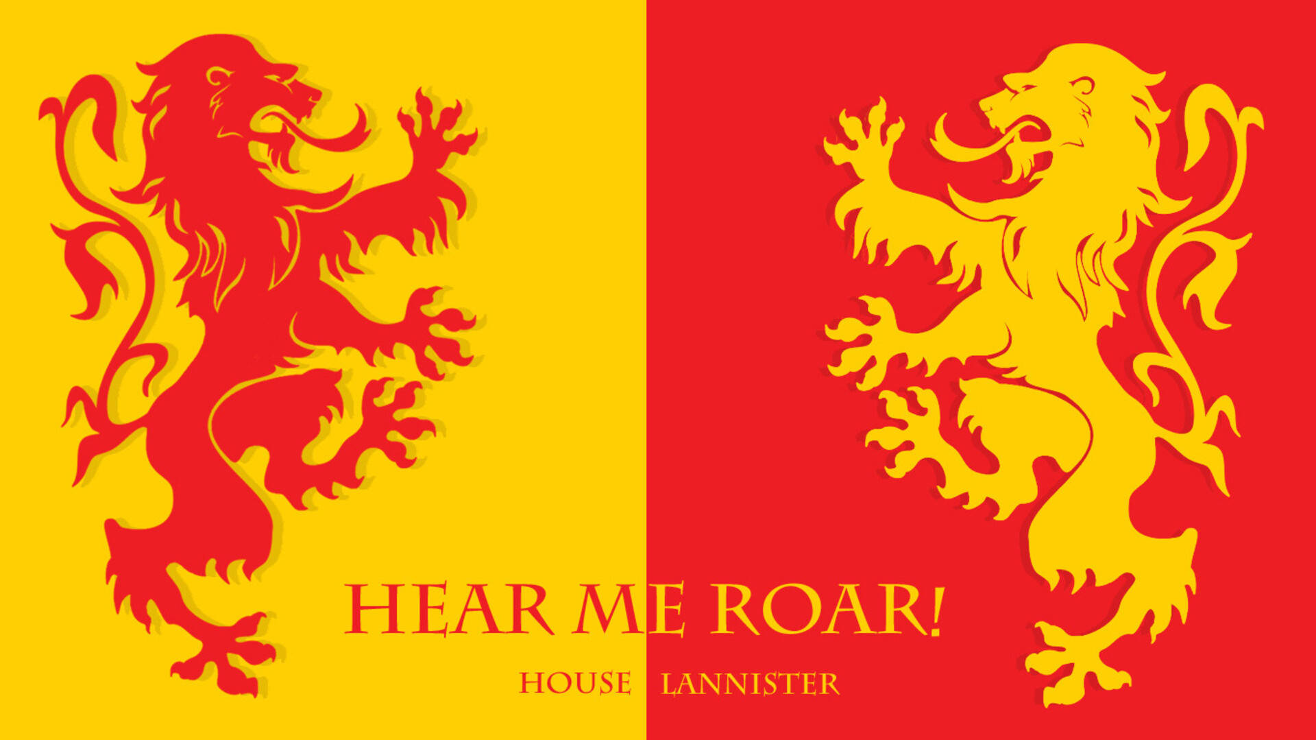 House Lannister 桌布 壁紙 — 一個大膽的紋章設計，有兩隻直立獅子——一隻紅色在黃色上，一隻黃色在紅色上——下方有「HEAR ME ROAR!」和「HOUSE LANNISTER」字樣。