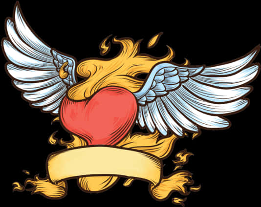 Heart Tattoo 桌布 壁紙 — 一個大膽的紋身風格插圖，紅色心形帶有白色翅膀和金色火焰，背景為黑色。