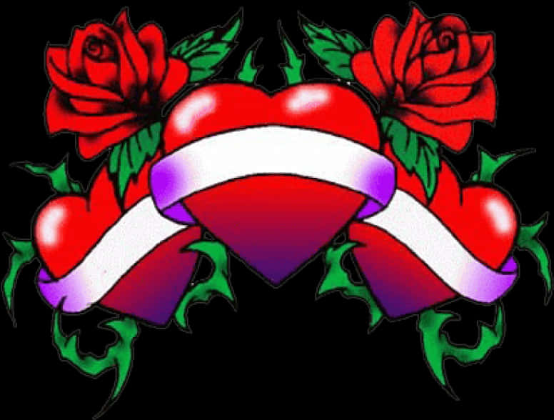Heart Tattoo 桌布 壁紙 — 一個大膽的紋身風格設計，中央的心形帶有絲帶，兩側是兩朵紅玫瑰和綠葉，背景為黑色。