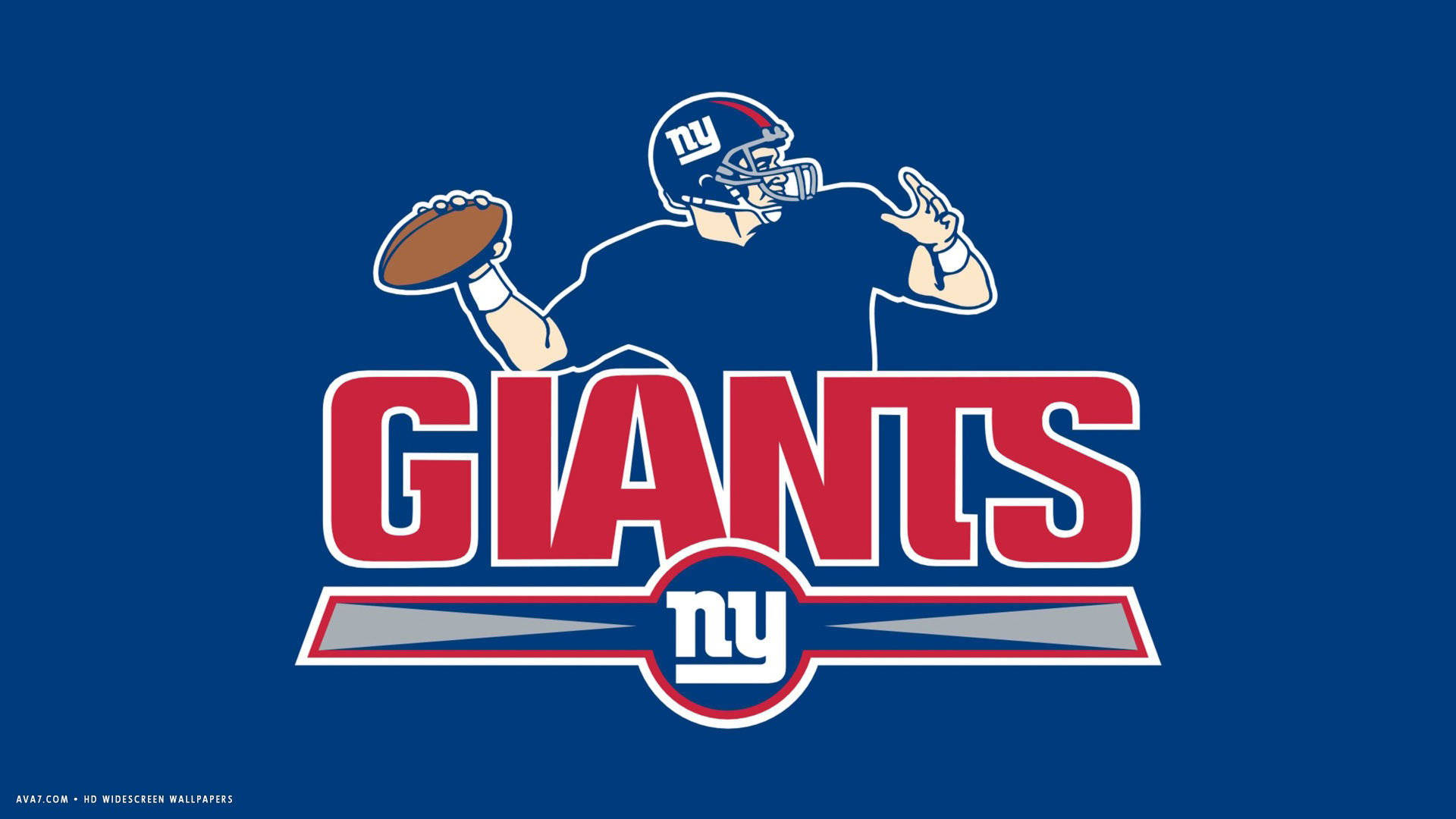 NFL Teams 桌布 壁紙 — 一個大膽的紐約巨人隊美式足球標誌，展示了一名四分衛在純藍色背景前投擲球。