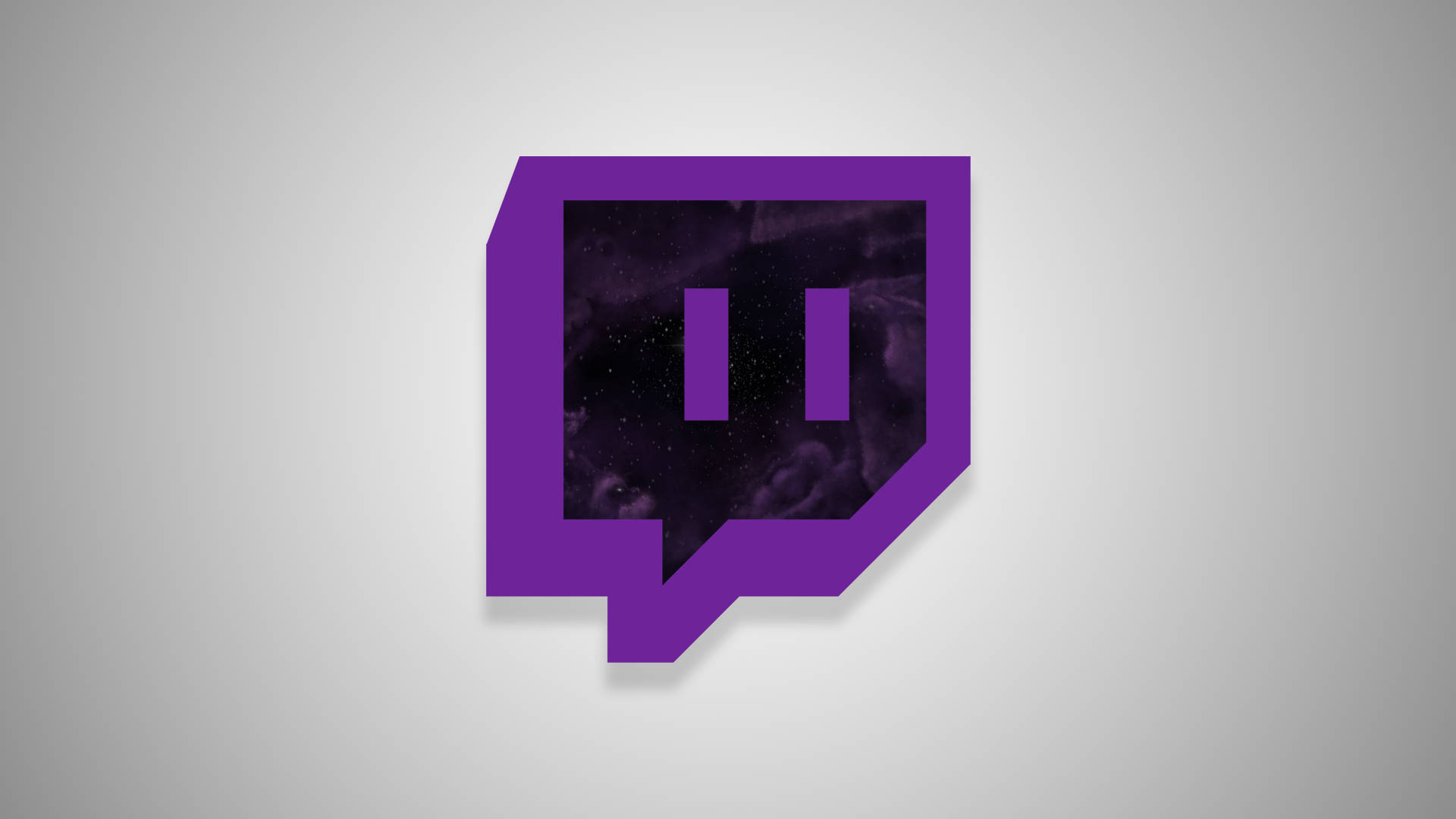 Twitch 桌布 壁紙 — 一個大膽的紫色Twitch標誌，內部有宇宙星系，居中放置在柔和的灰色漸變背景上。