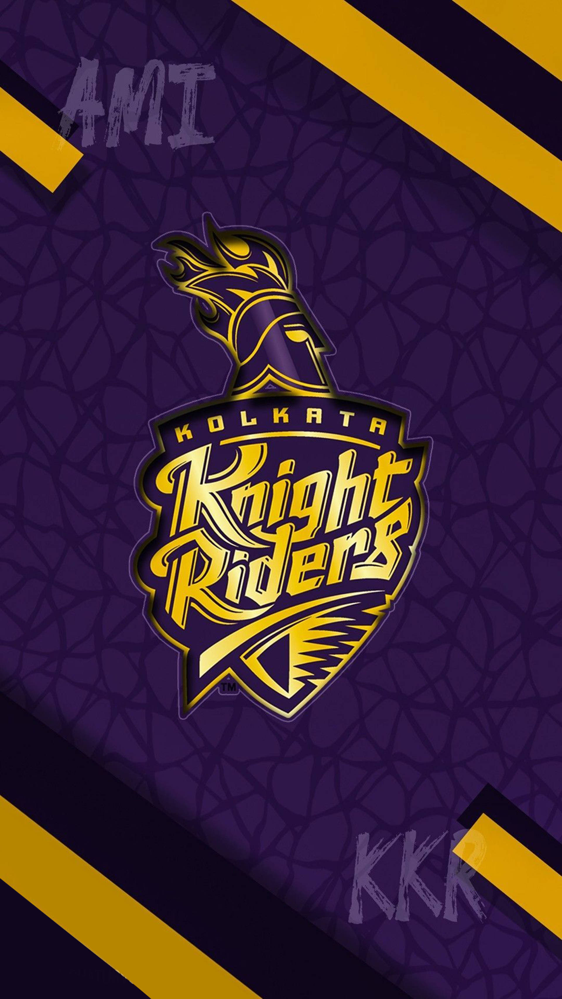 Riders 桌布 壁紙 — 一個大膽的紫色和金色Kolkata Knight Riders標誌，帶有騎士頭盔和翅膀設計，背景為裂紋紋理。