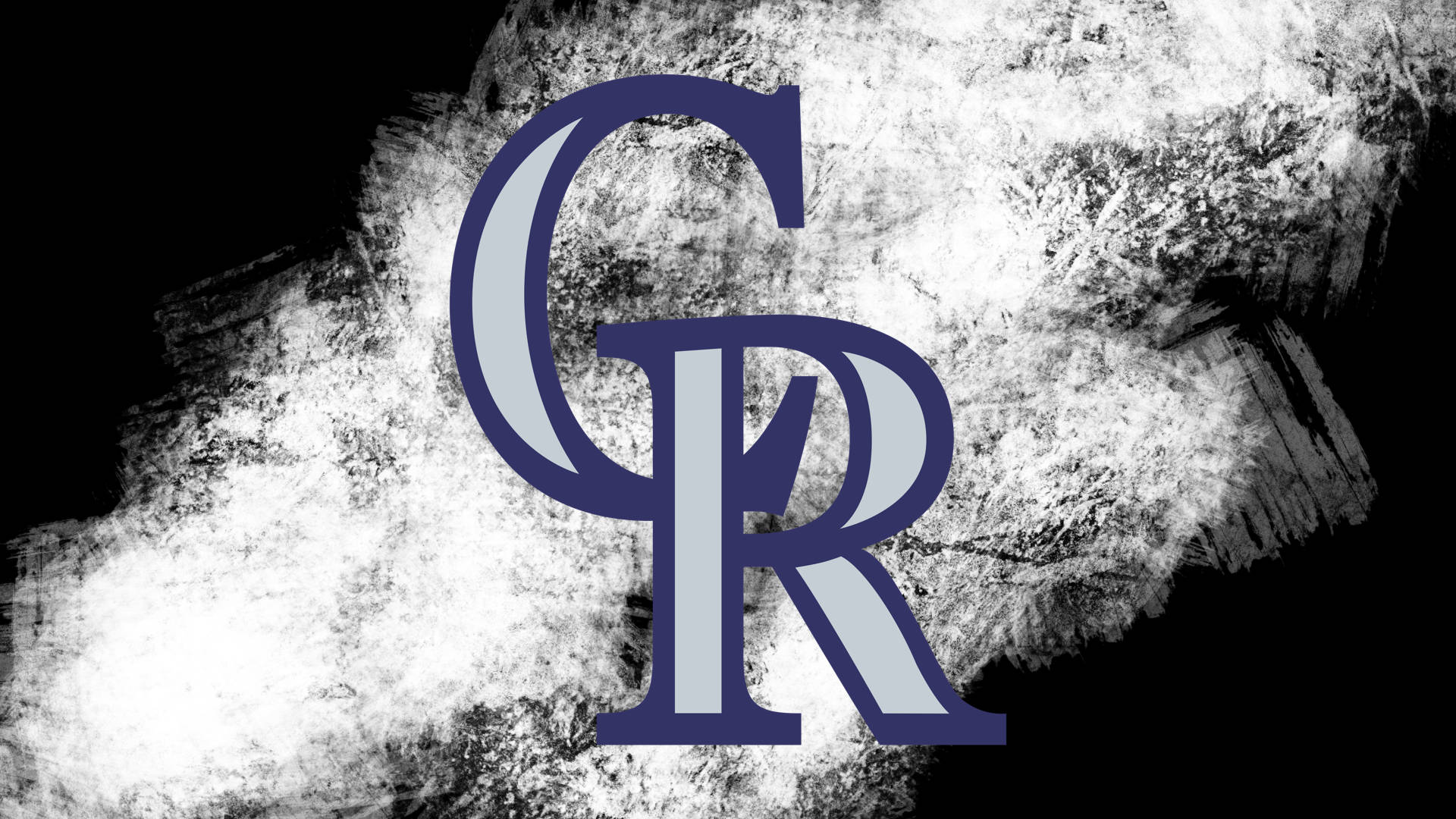 Rockies 桌布 壁紙 — 一個大膽的紫色和銀色CR標誌從帶紋理的白色潑濺中浮現，背景為純黑色。