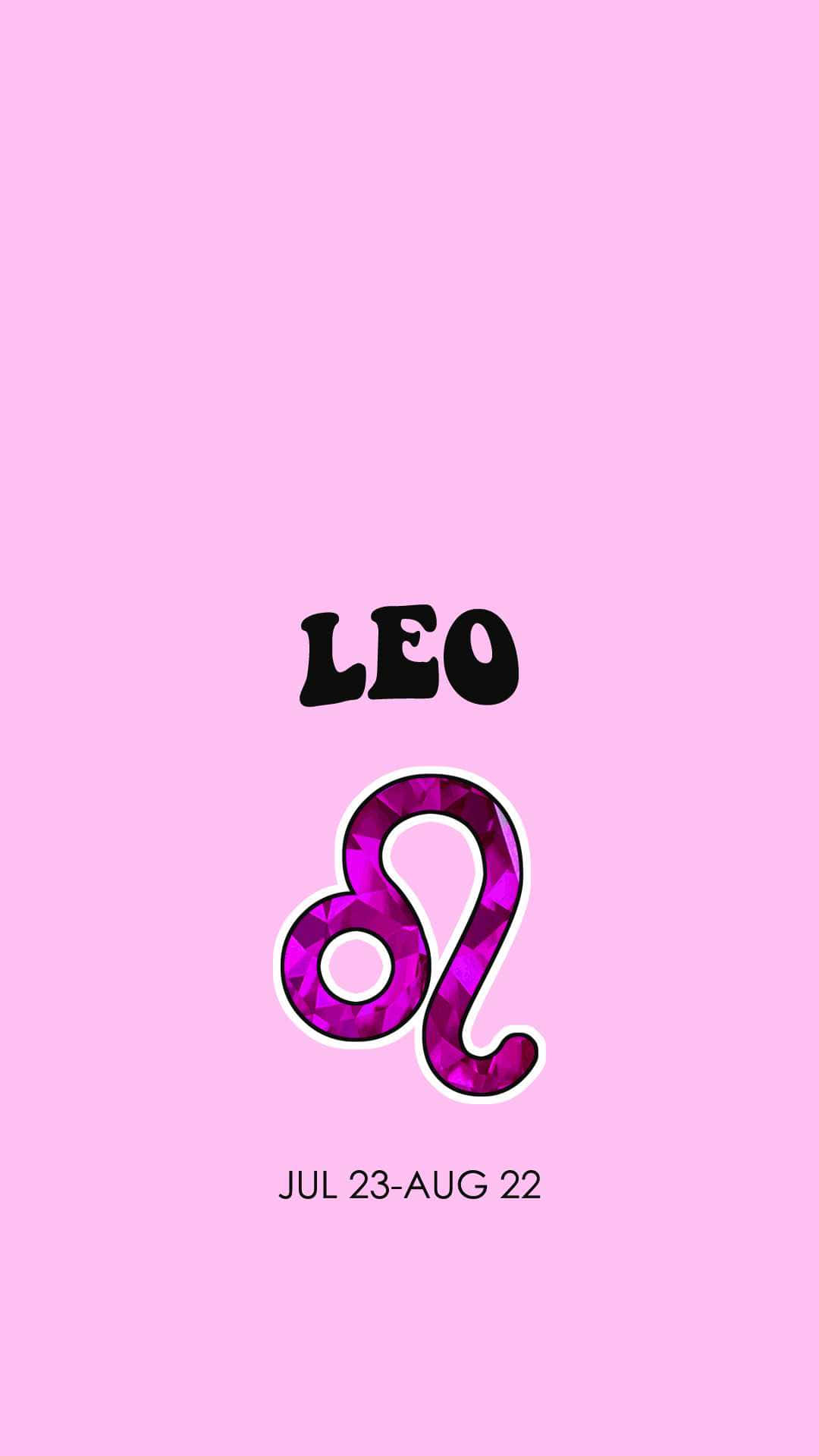 Leo 桌布 壁紙 — 一個大膽的紫色寶石獅子座星座符號，在柔和的粉紅色背景上帶有黑色文字。