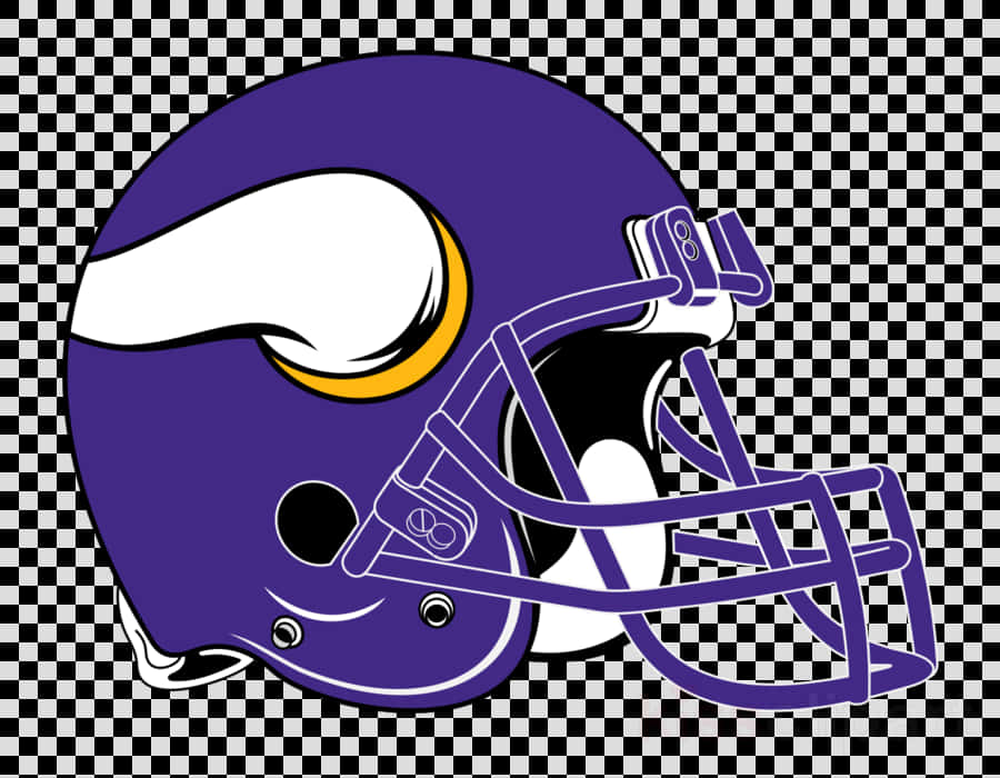Vikings Logo 桌布 壁紙 — 一個大膽的紫色明尼蘇達維京人美式足球頭盔，帶有白色和金色的角標誌，背景為黑白棋盤格。