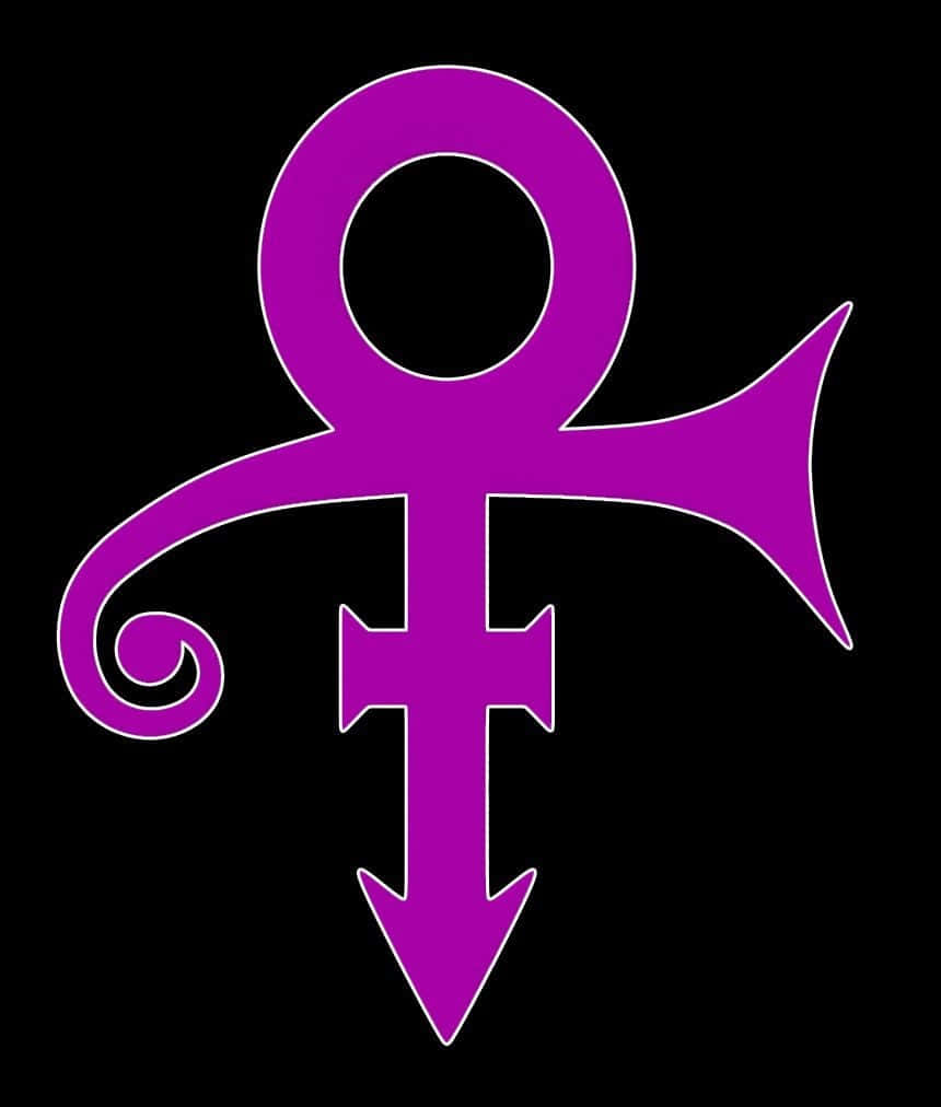 Prince Symbol 桌布 壁紙 — 一個大膽的紫色符號，頂部有圓形漩渦和箭頭尖端，背景為黑色。