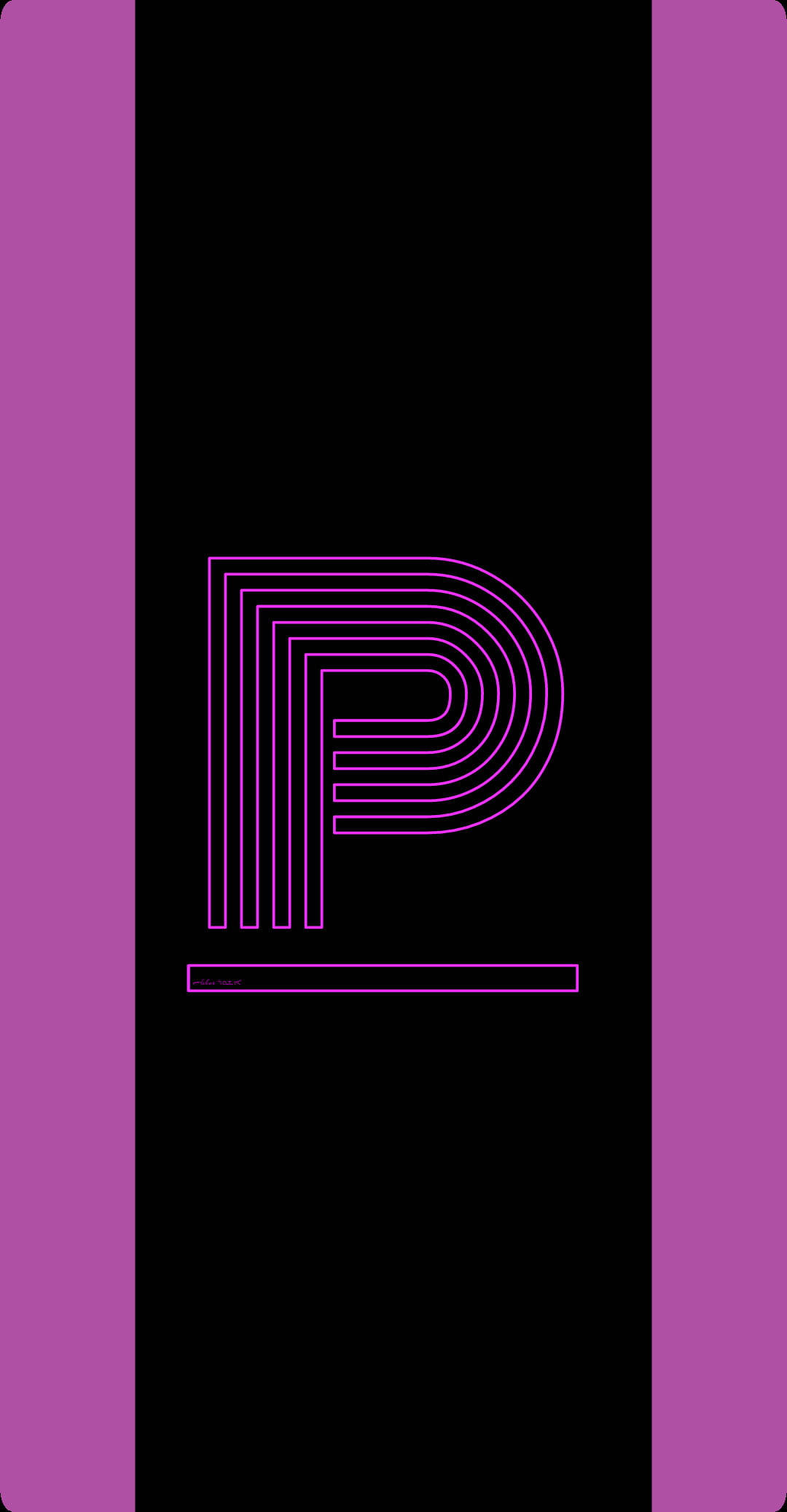 字母P 桌布 壁紙 — 一個大膽的紫色輪廓字母P居中在黑色背景上，兩側有紫色垂直條。