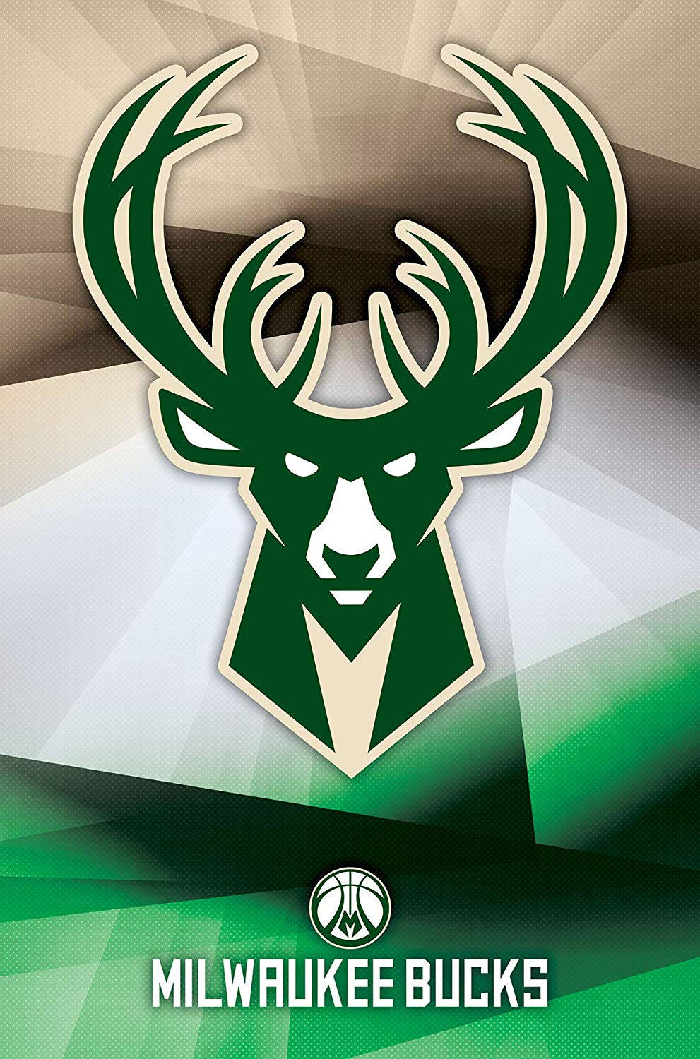 Bucks 桌布 壁紙 — 一個大膽的綠白相間密爾瓦基公鹿鹿頭標誌，在幾何漸變背景上脫穎而出。