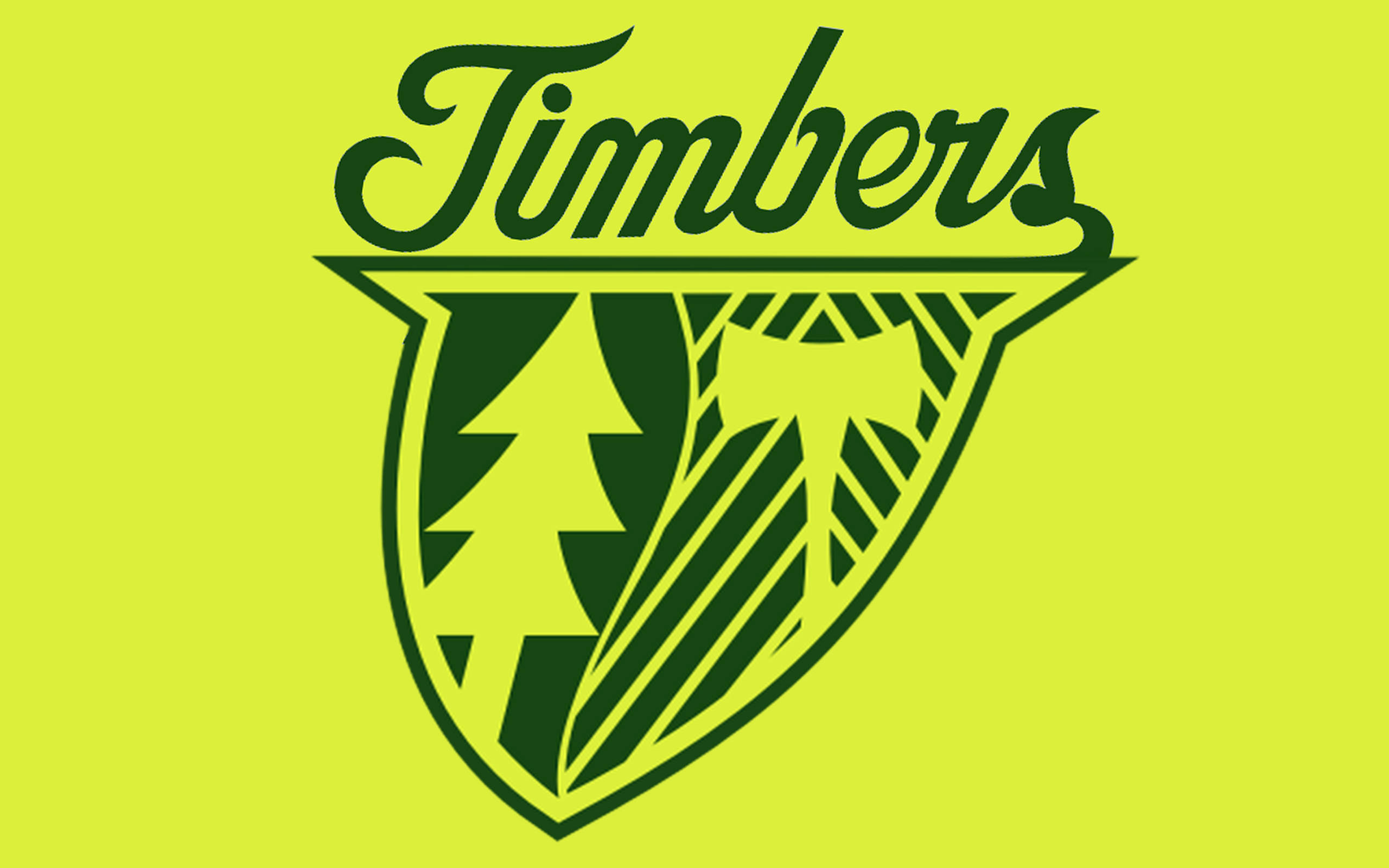 足球 桌布 壁紙 — 一個大膽的綠色 Timbers 標誌，帶有盾牌，上面有樹木和條紋，背景是明亮的黃色。