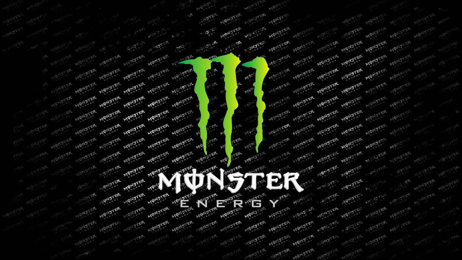 標誌 桌布 壁紙 — 一個大膽的綠色Monster Energy標誌在重複的微弱標誌的黑色背景上滴落。