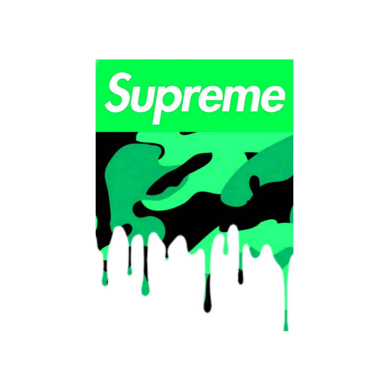 supreme aesthetic 桌布 壁紙 — 一個大膽的綠色Supreme標誌在純白色背景上滴落黑色和綠色的油漆。