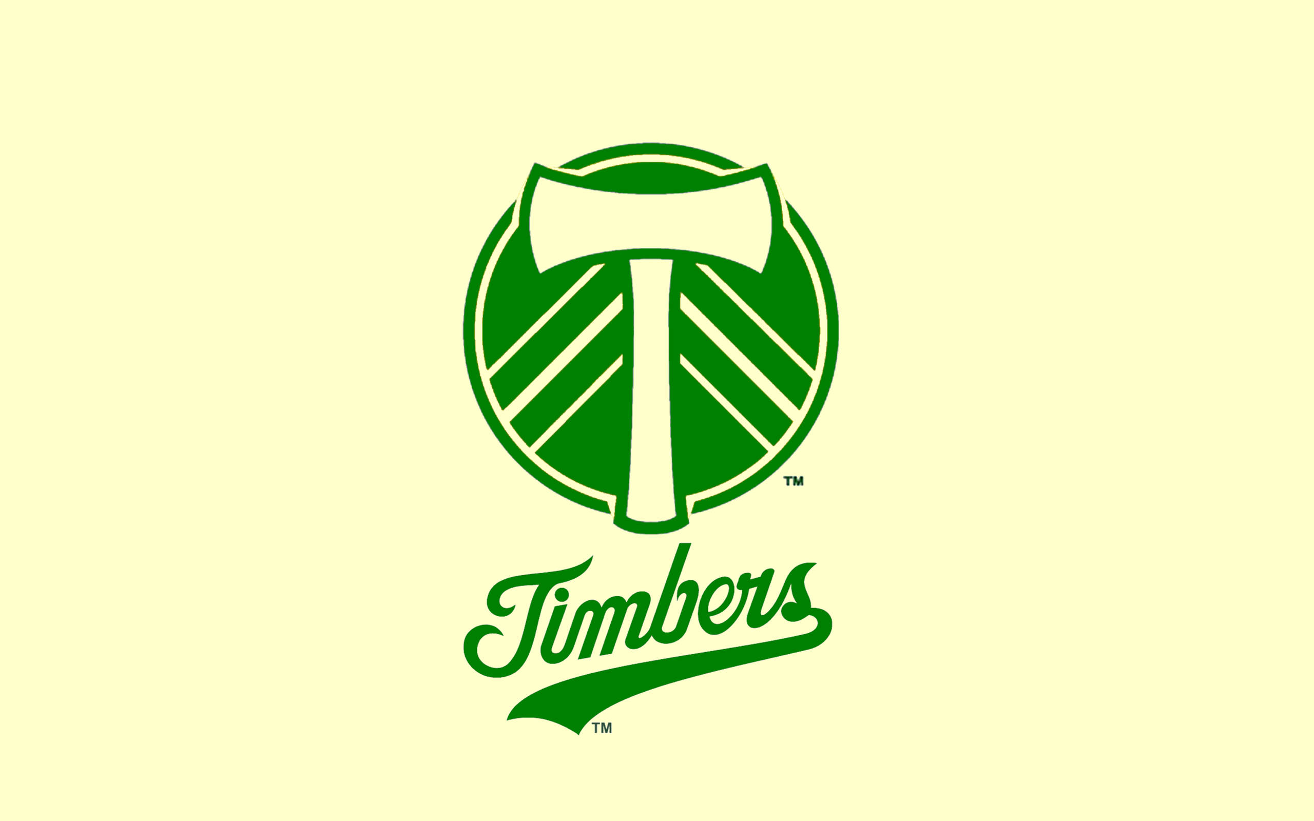 足球 桌布 壁紙 — 一個大膽的綠色Timber標誌，圓圈內有斧頭和條紋T，背景為淡黃色。