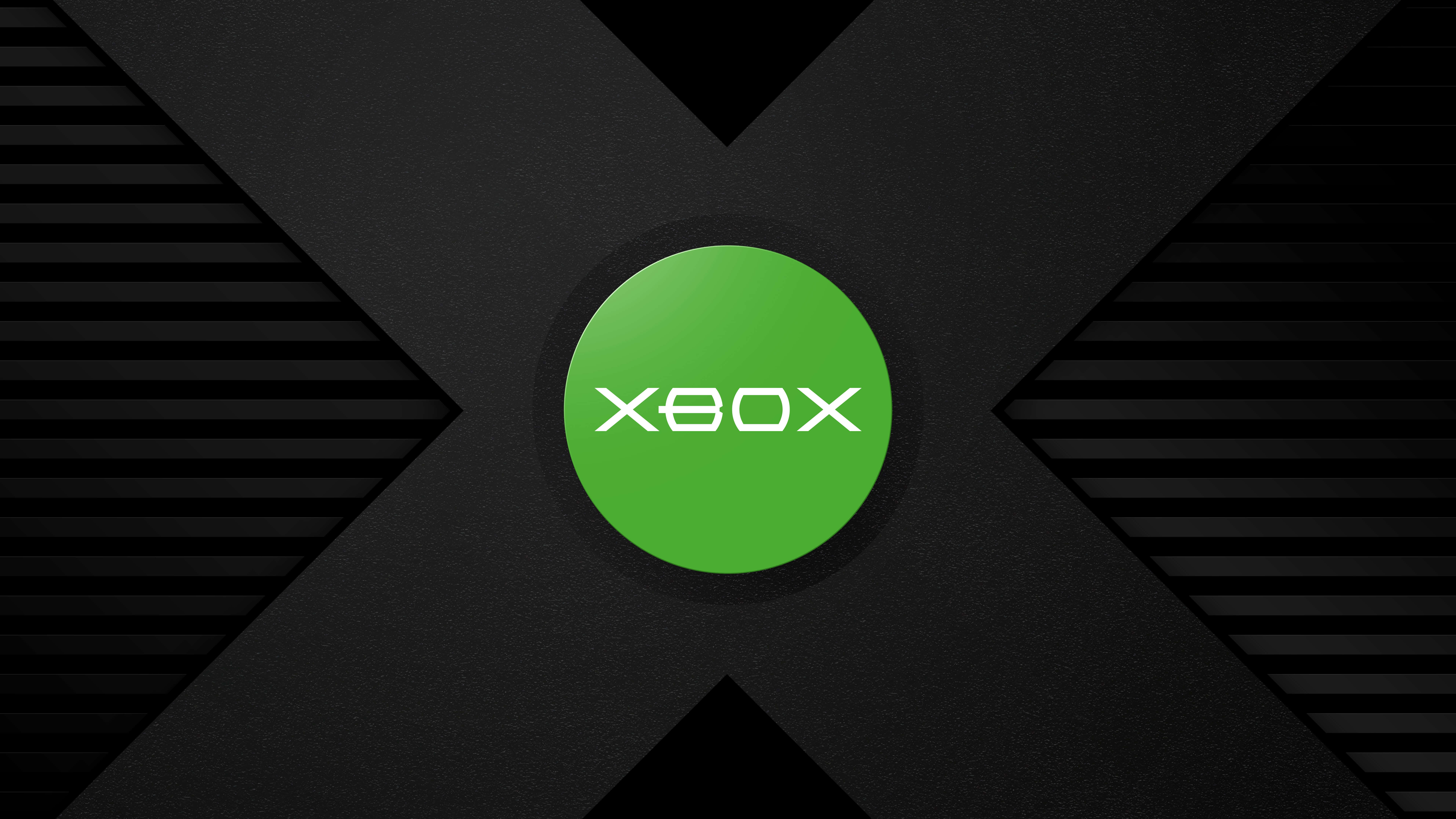 Xbox 桌布 壁紙 — 一個大膽的綠色Xbox標誌居中在帶有幾何脊狀紋理的黑色X形背景上。