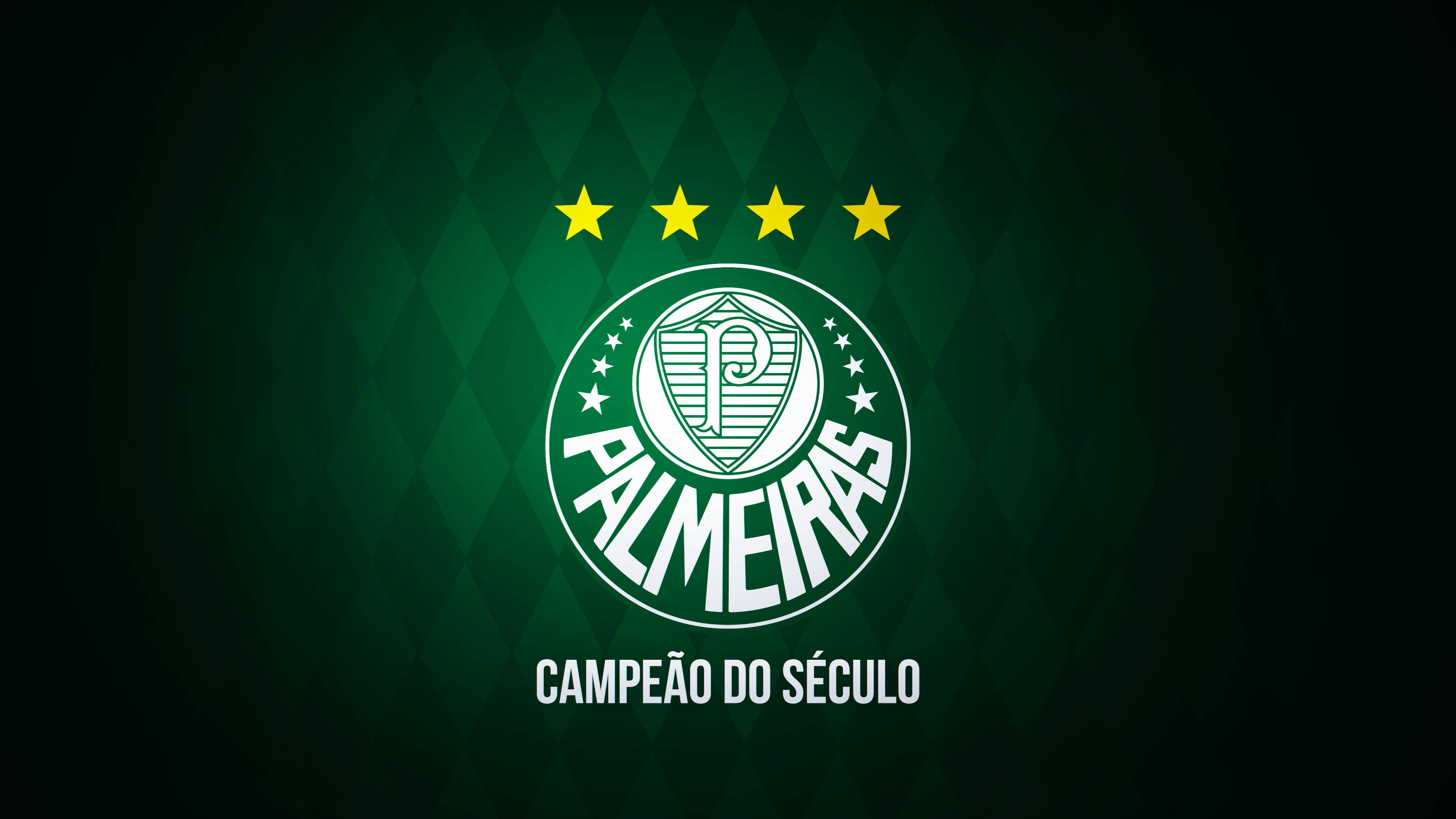 Palmeiras 桌布 壁紙 — 一個大膽的綠色和白色帕爾梅拉斯足球俱樂部標誌，上方有四顆星，下方有冠軍文字，背景為深綠色菱形圖案。