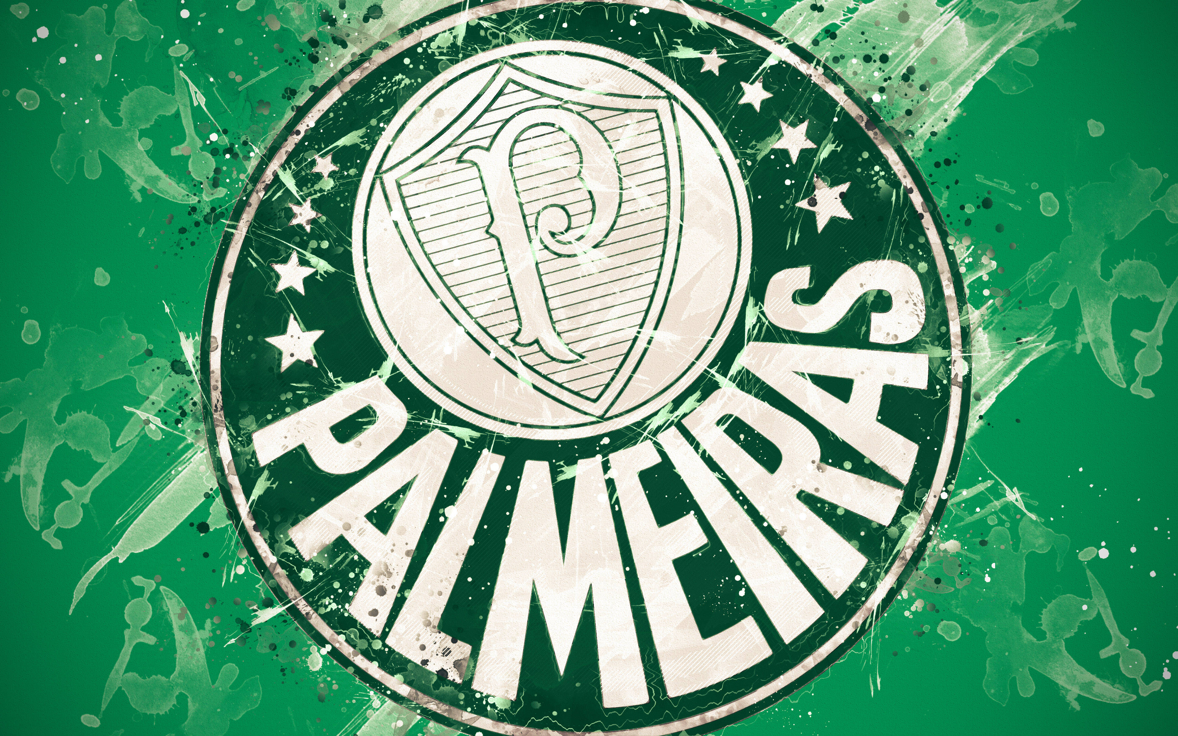 Palmeiras 桌布 壁紙 — 一個大膽的綠色和白色帕爾梅拉斯足球俱樂部標誌，在充滿活力的綠色背景上濺滿油漆和星星。
