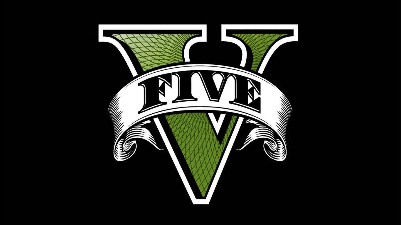 v 桌布 壁紙 — 一個大膽的綠色和白色風格化的 'V' 標誌，上面有一條帶有 'FIVE' 字樣的絲帶，背景是黑色。