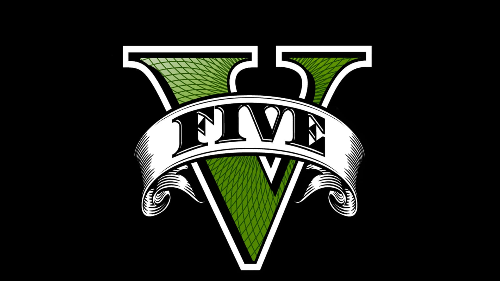 綠色和白色的 'V' 標誌，帶有 'FIVE' 文字，背景是黑色。 — GTA 5 動圖 壁紙