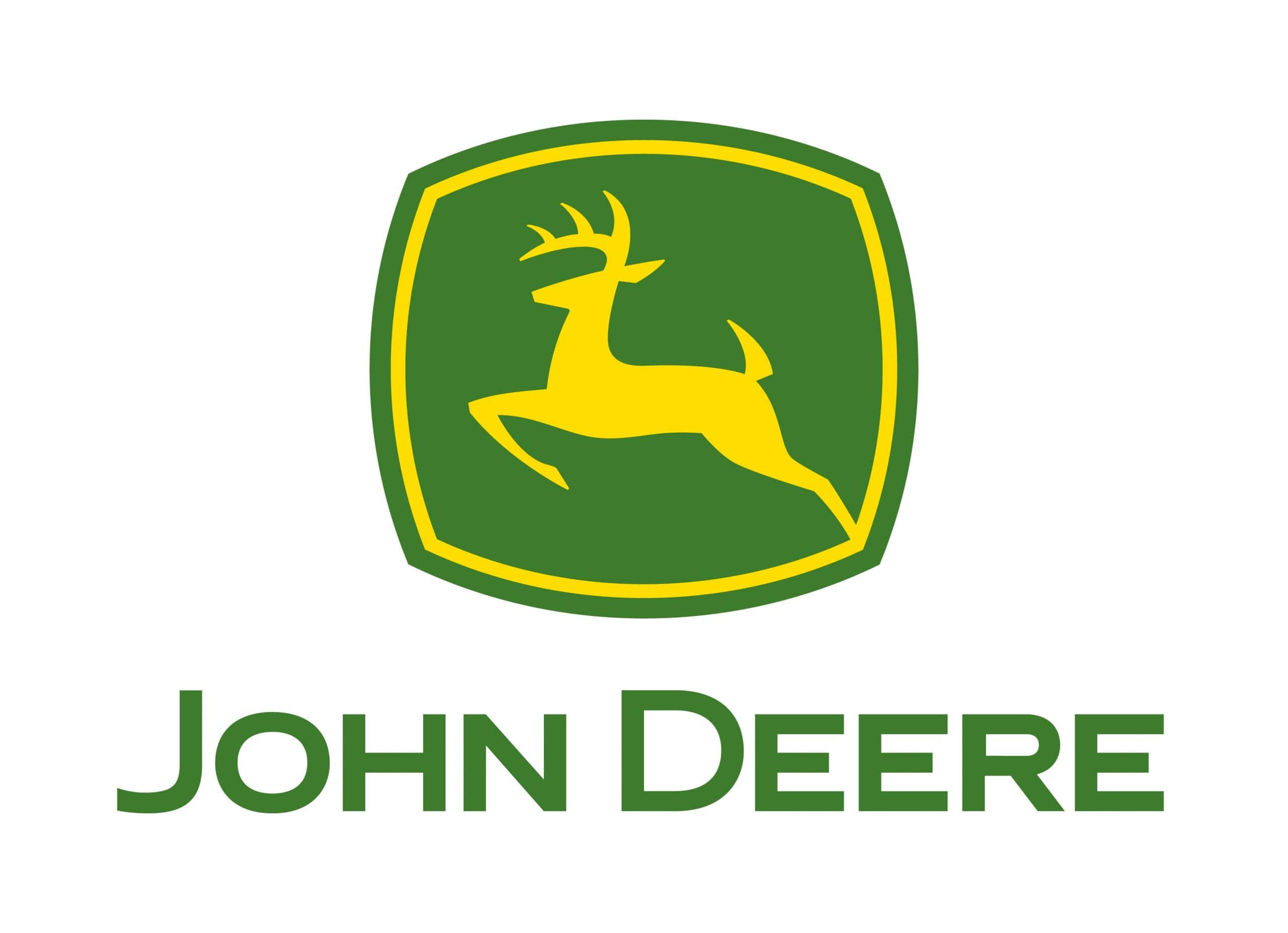 約翰迪爾 桌布 壁紙 — 一個大膽的綠色和黃色John Deere標誌，帶有跳躍的鹿徽章，背景為潔淨的白色。