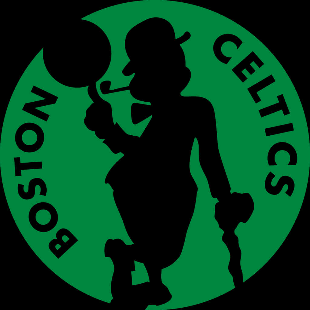 Celtic Irish 桌布 壁紙 — 一個大膽的綠色圓形標誌，以一個黑色小妖精剪影手持籃球和煙斗為特色，周圍拱形排列著 'BOSTON CELTICS'。