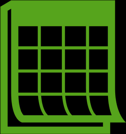 Calendar Icon 桌布 壁紙 — 一個大膽的綠色圖標，顯示一個帶有黑色方格網格的捲起日曆，背景為黑色。