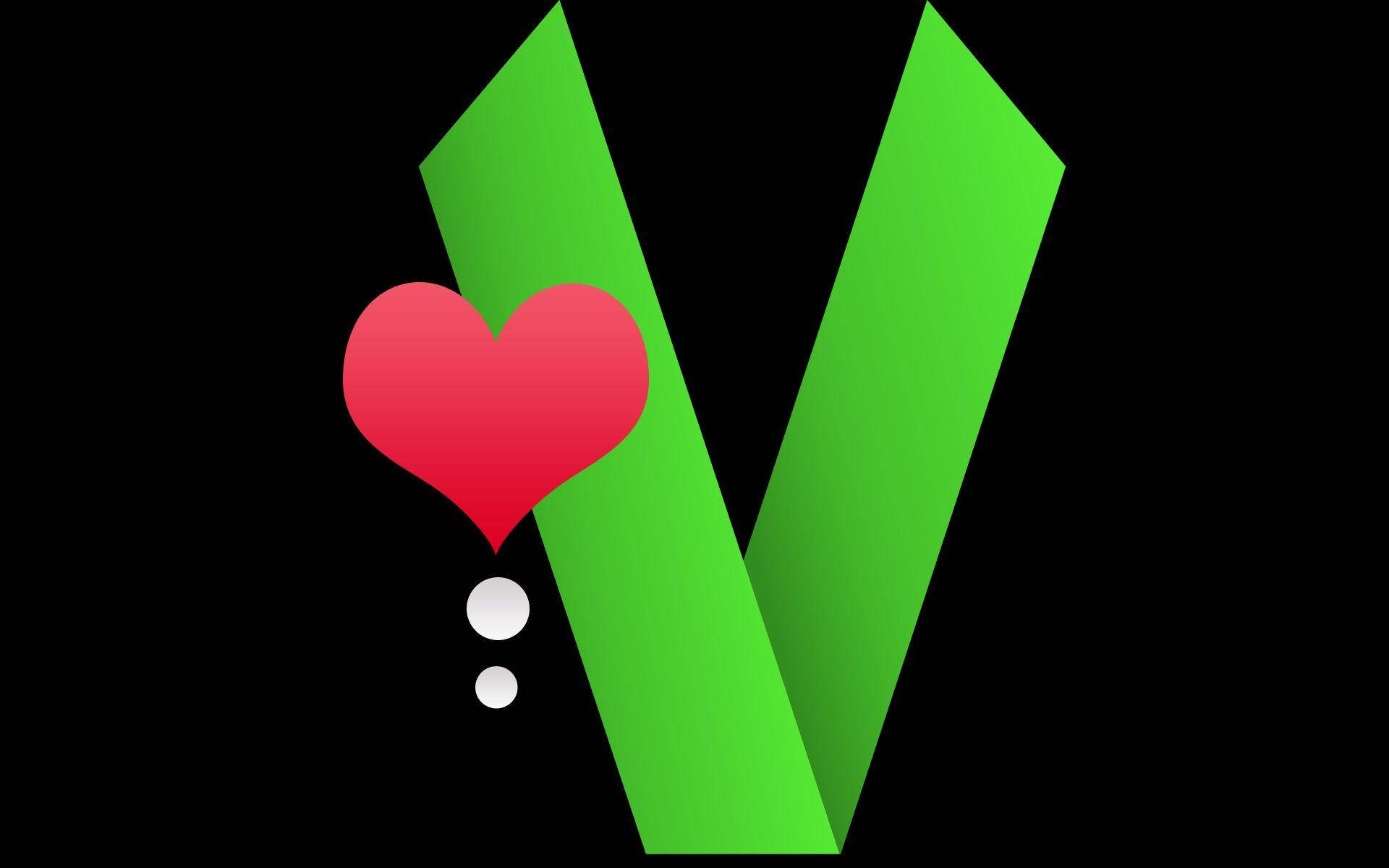 v 桌布 壁紙 — 一個大膽的綠色字母 V，帶有紅色心形和白色圓點，背景為黑色。