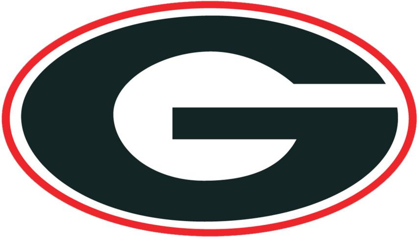 Georgia Bulldogs Logo 桌布 壁紙 — 一個大膽的綠色橢圓形標誌，帶有白色風格化的G和紅色邊框，背景為黑色。