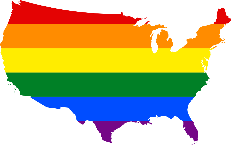女同志 桌布 壁紙 — 一個大膽的美國輪廓，充滿了代表 LGBTQ+ 驕傲的鮮豔彩虹條紋。
