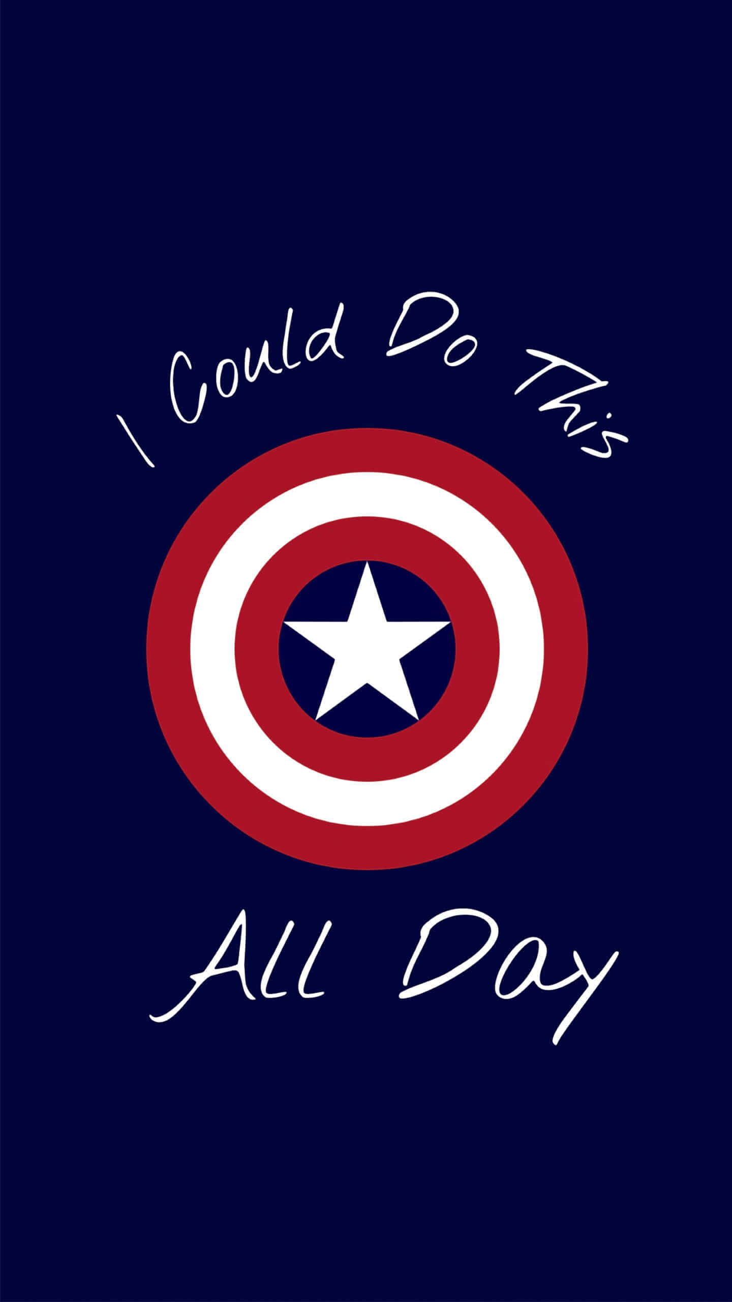 Captain America Cool 桌布 壁紙 — 一個大膽的美國隊長盾牌居中於深藍色背景上，白色草書文字寫著 I Could Do This All Day。
