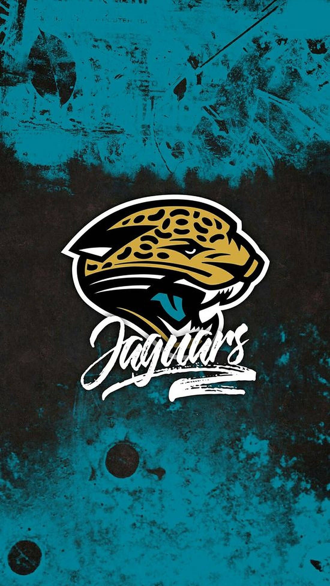 Jaguars 桌布 壁紙 — 一個大膽的美洲豹標誌，帶有金色斑點和藍綠色眼睛，置於磨損的藍綠色和黑色背景上。