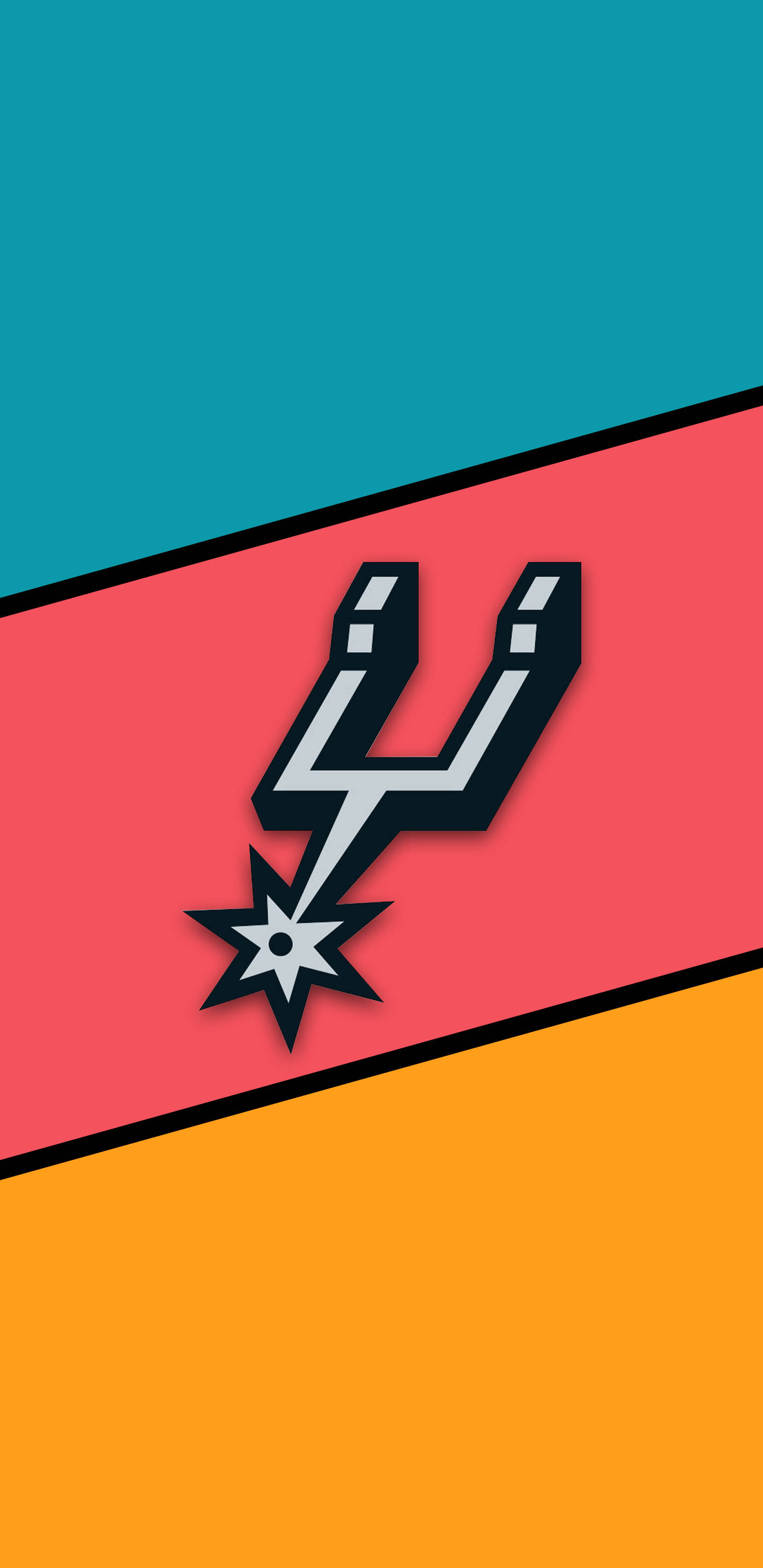 Spurs 桌布 壁紙 — 一個大膽的聖安東尼奧馬刺隊標誌，居中放置在充滿活力的對角線分割背景上，顏色為青綠色、粉紅色和橙色。