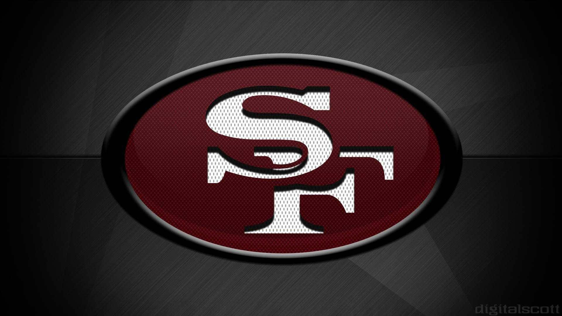 49ers 桌布 壁紙 — 一個大膽的舊金山49人隊標誌，白色網狀交織的SF字母位於栗色橢圓形上，居中在深灰色拉絲金屬背景上。