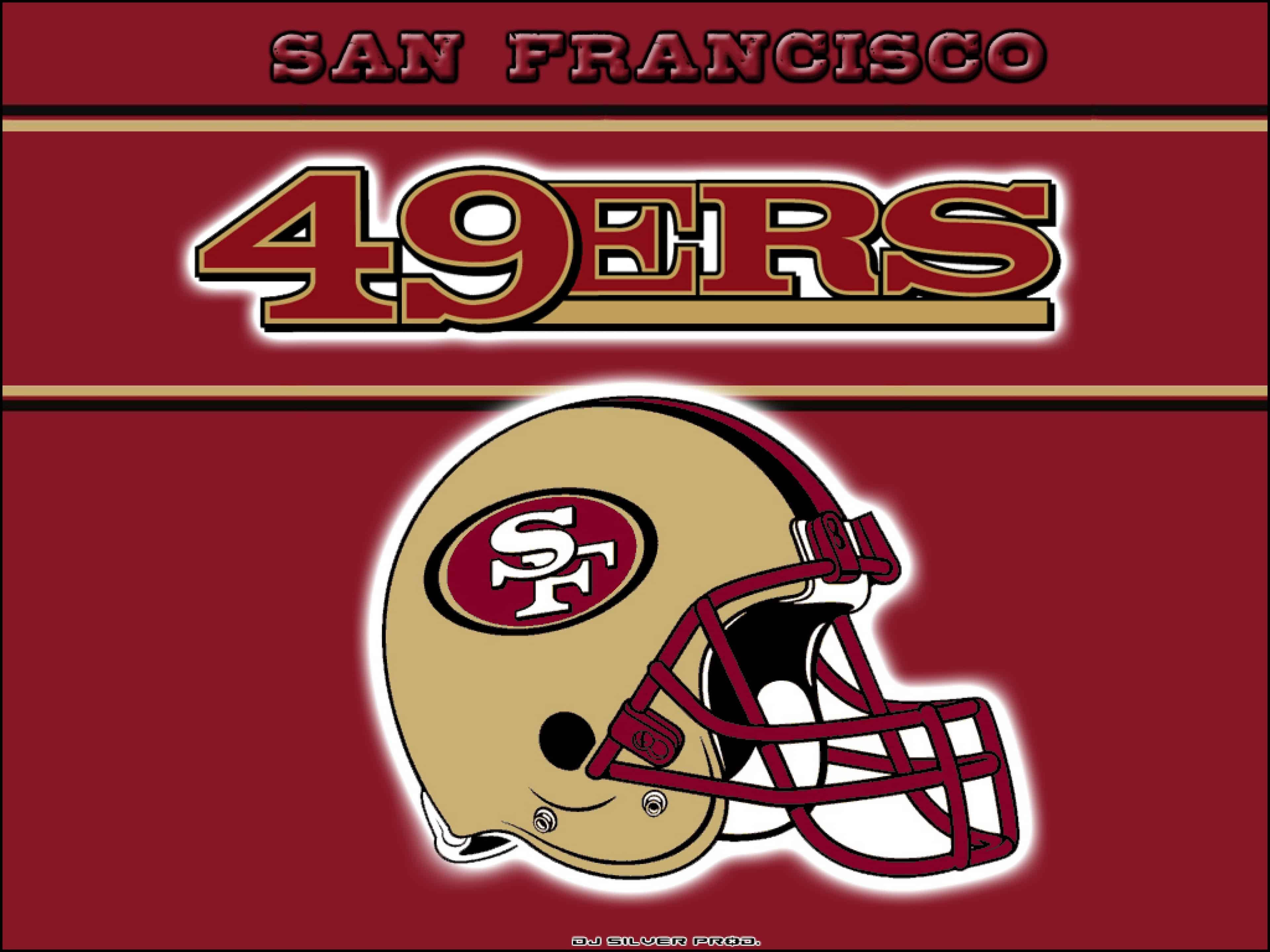 49ers 桌布 壁紙 — 一個大膽的舊金山49人隊美式足球頭盔，居中於栗色背景上，帶有球隊標誌和文字。
