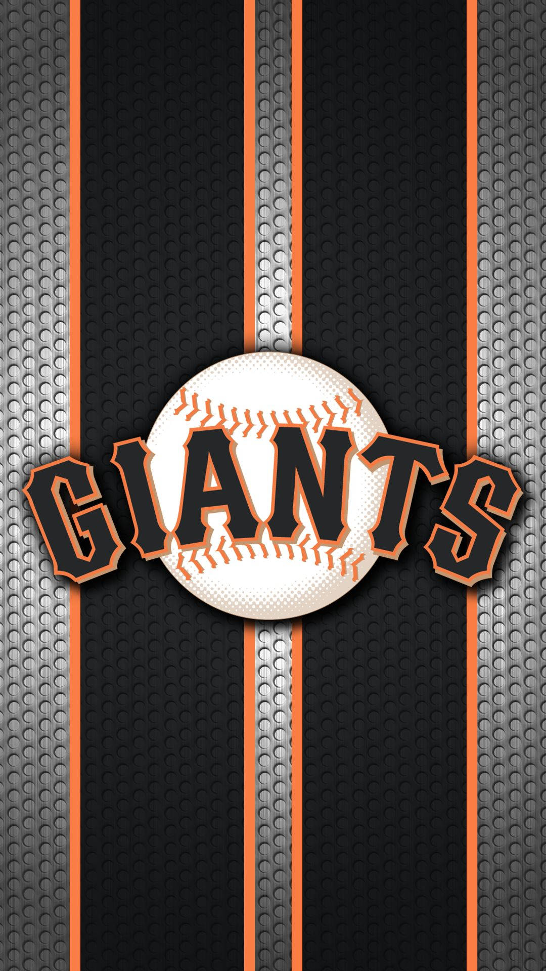 Giants 桌布 壁紙 — 一個大膽的舊金山巨人隊棒球標誌，居中在黑色和橙色條紋紋理背景上。
