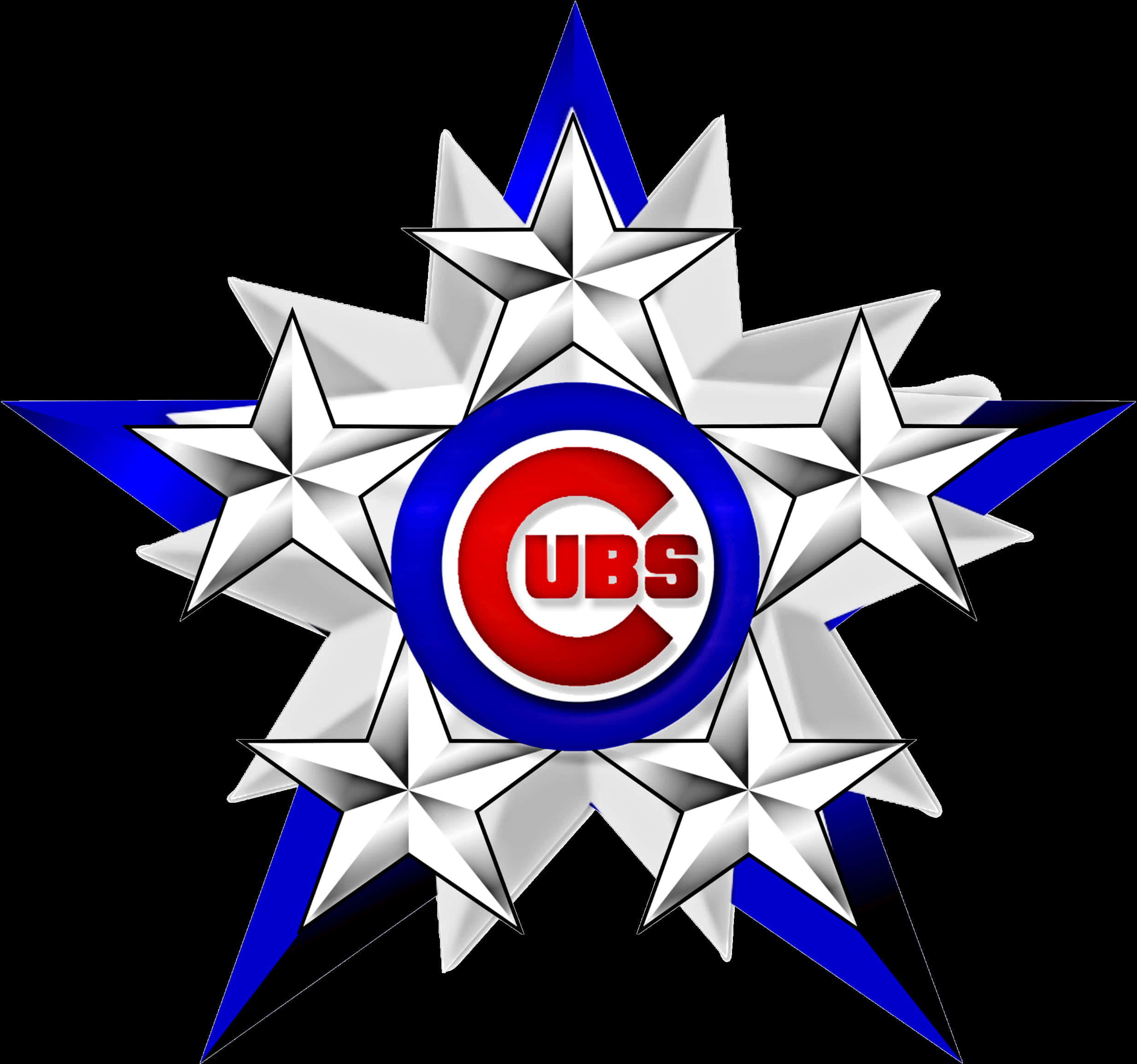 Chicago Cubs Logo 桌布 壁紙 — 一個大膽的芝加哥小熊隊標誌，位於黑色背景上銀色和藍色星星的放射狀星爆中心。