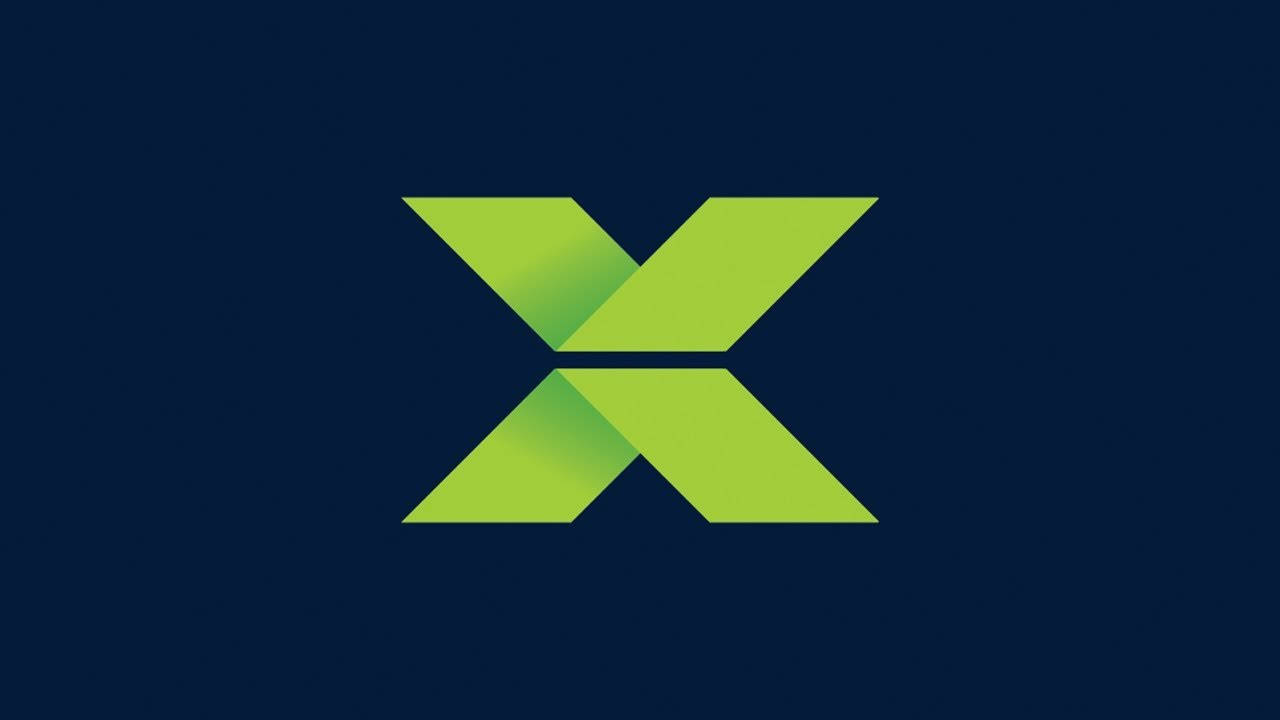 X 桌布 壁紙 — 一個大膽的萊姆綠色風格化X標誌，帶有漸層陰影，居中於深海軍藍色背景上。