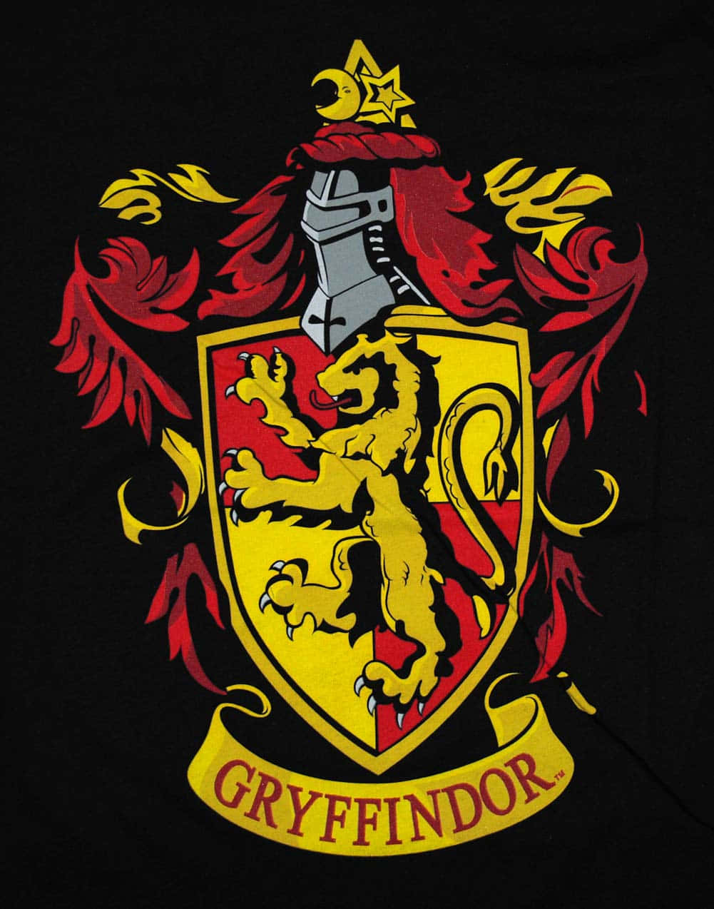 Harry Potter Gryffindor 桌布 壁紙 — 一個大膽的葛萊芬多學院徽章，在黑底上有一個紅黃盾牌上的金色獅子。