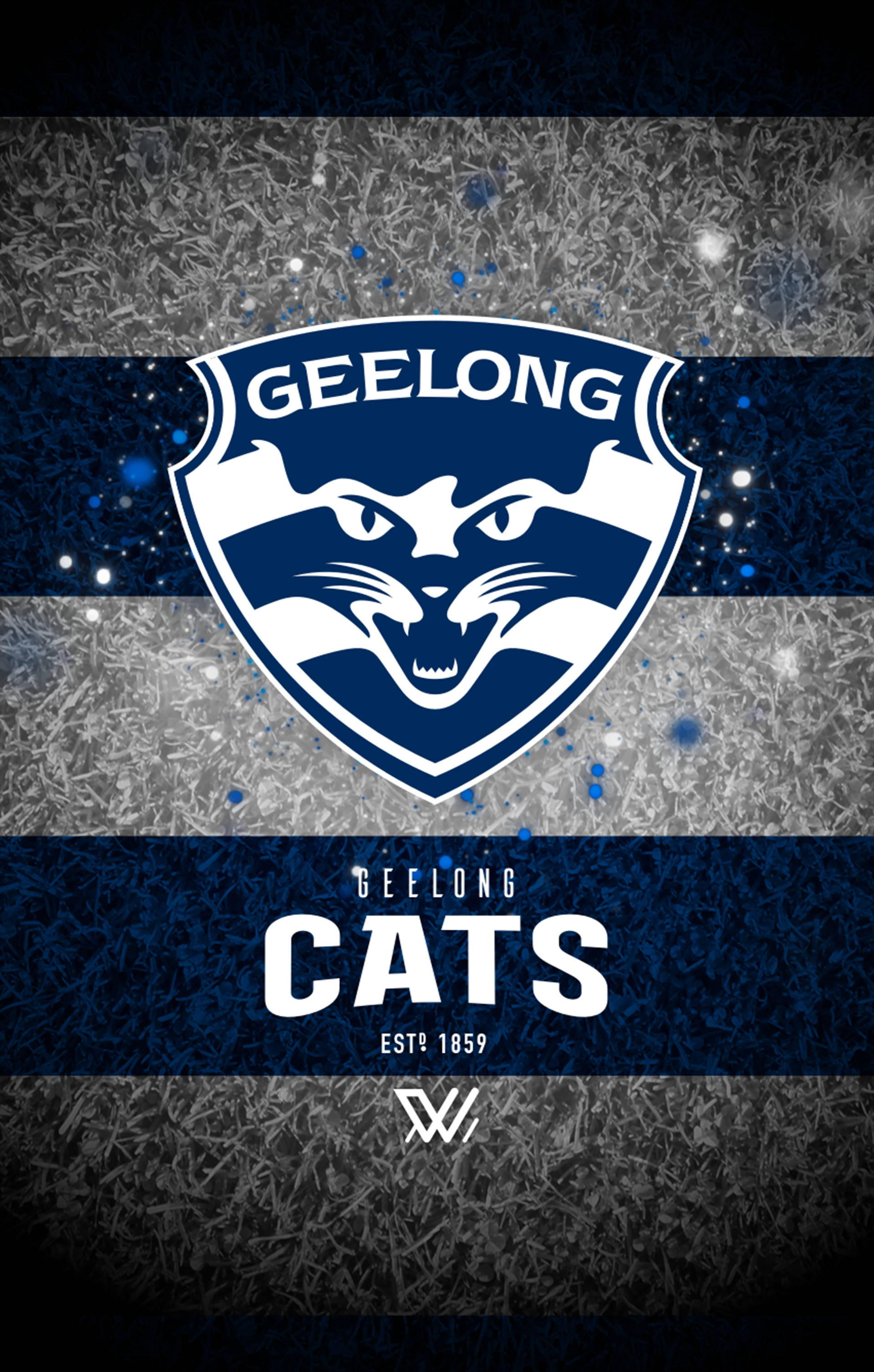 Afl 桌布 壁紙 — 一個大膽的藍白相間Geelong Cats標誌，中心是一張咆哮的貓臉，背景是帶有閃爍效果的紋理灰藍條紋。