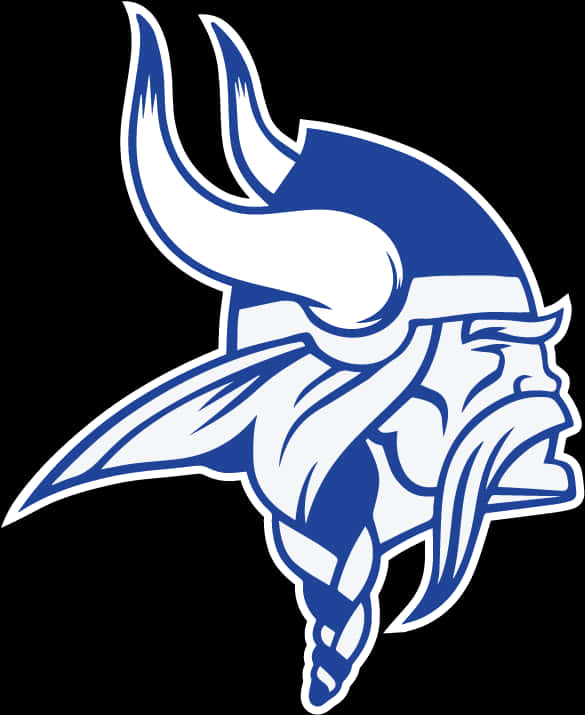 Vikings Logo 桌布 壁紙 — 一個大膽的藍白維京頭盔標誌，帶有角和辮子鬍鬚，背景為黑色。