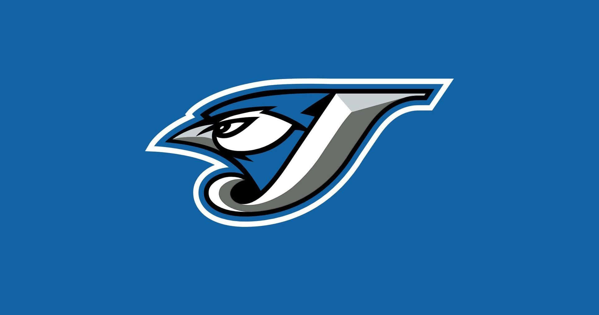 Blue Jays. 桌布 壁紙 — 一個大膽的藍白風格化J標誌，帶有兇猛鳥眼，置於純藍色背景上。