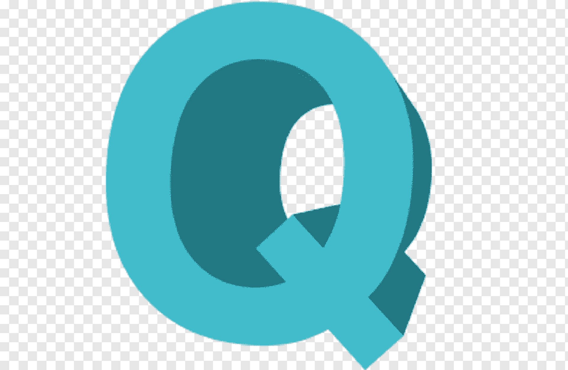 q 桌布 壁紙 — 一個大膽的藍綠色字母 Q，帶有 3D 陰影和圓角邊緣，位於透明棋盤格背景上。