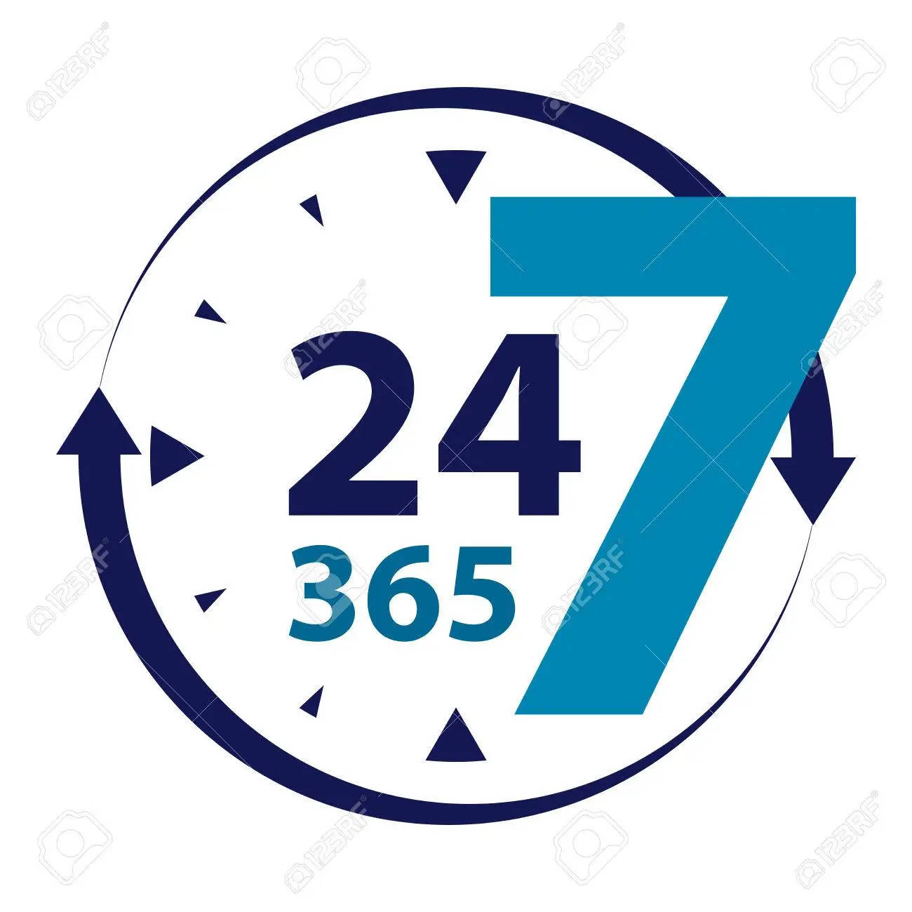 Clock 桌布 壁紙 — 一個大膽的藍色247圖標，箭頭環繞著顯示365天的鐘面
