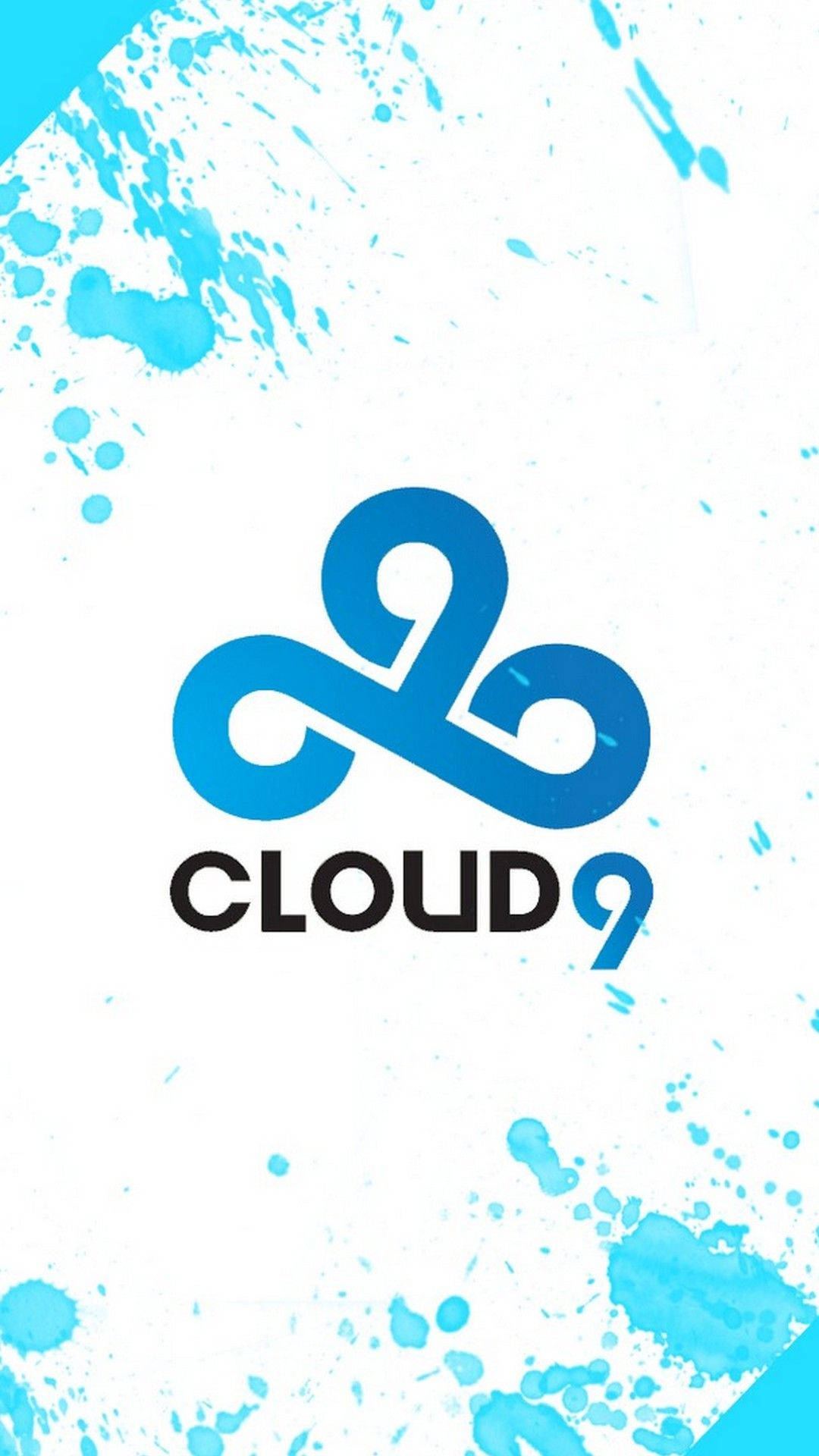 Cloud9 桌布 壁紙 — 一個大膽的藍色Cloud9標誌居中在白色背景上，帶有動態的藍綠色油漆飛濺。